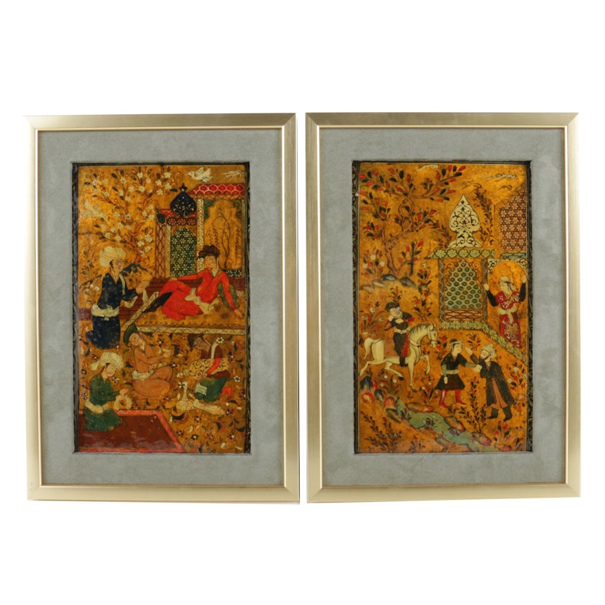 Two Indo-Persian Gouache Paintings on Paper with Gold Tone Embellishments