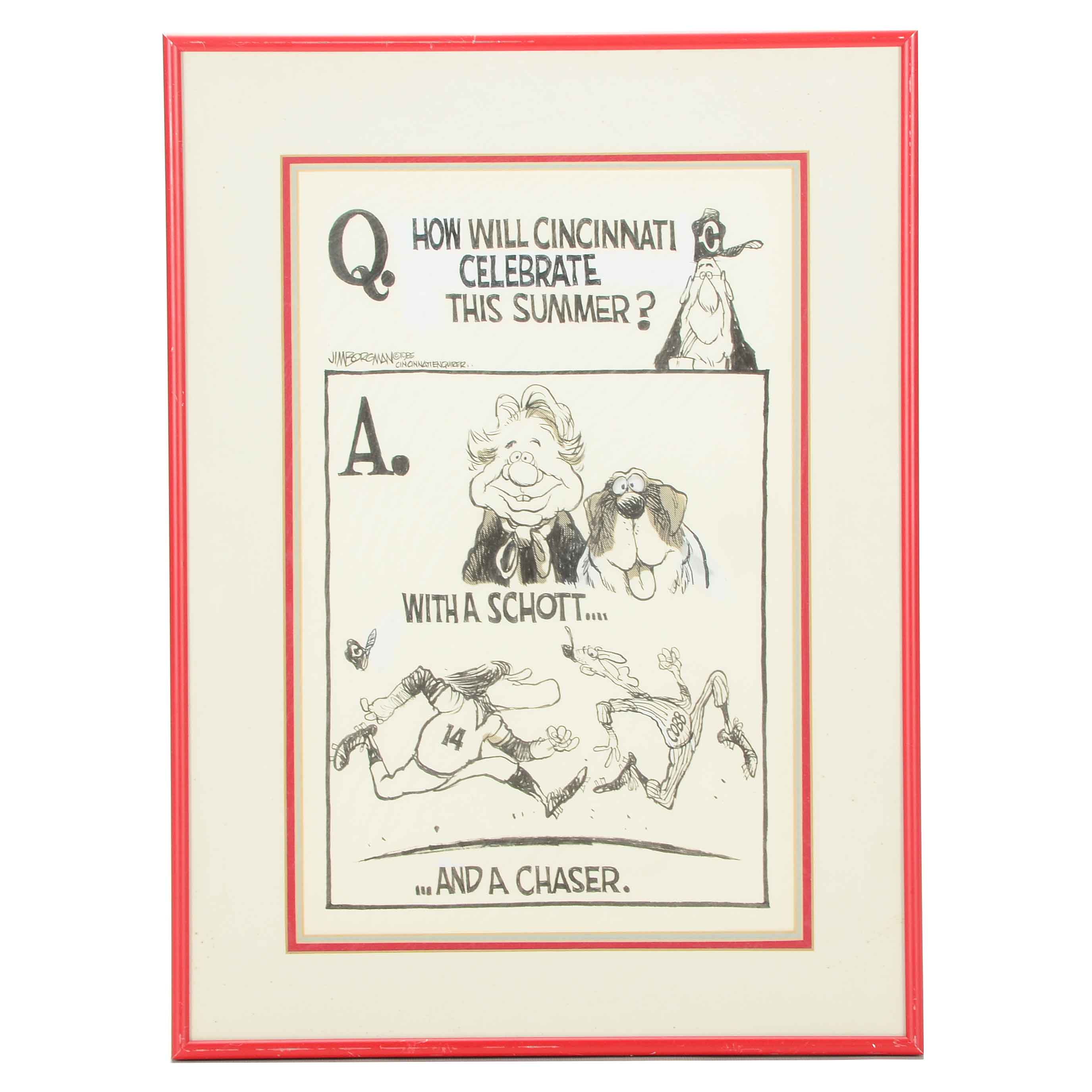 1985 Jim Borgman's Original Marge Schott and Pete Rose Framed Artwork