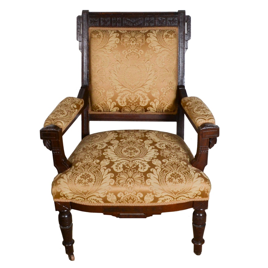 Antique Victorian Eastlake Walnut Upholstered Armchair