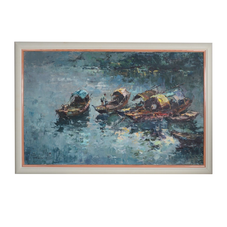 H. Leung Oil on Canvas Painting of Sampan Boats