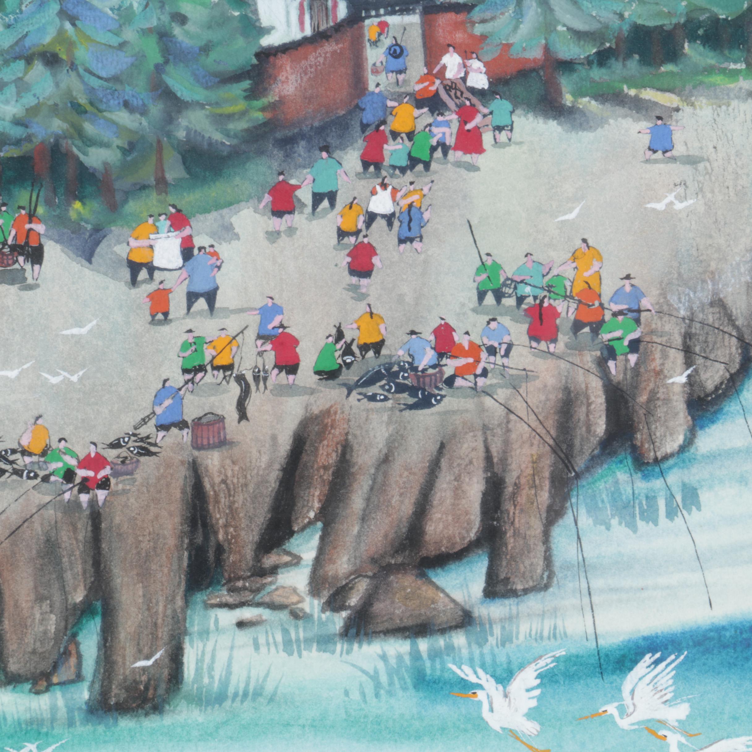 Vivienne Lee Gouache and Watercolor Painting of Fishing Village