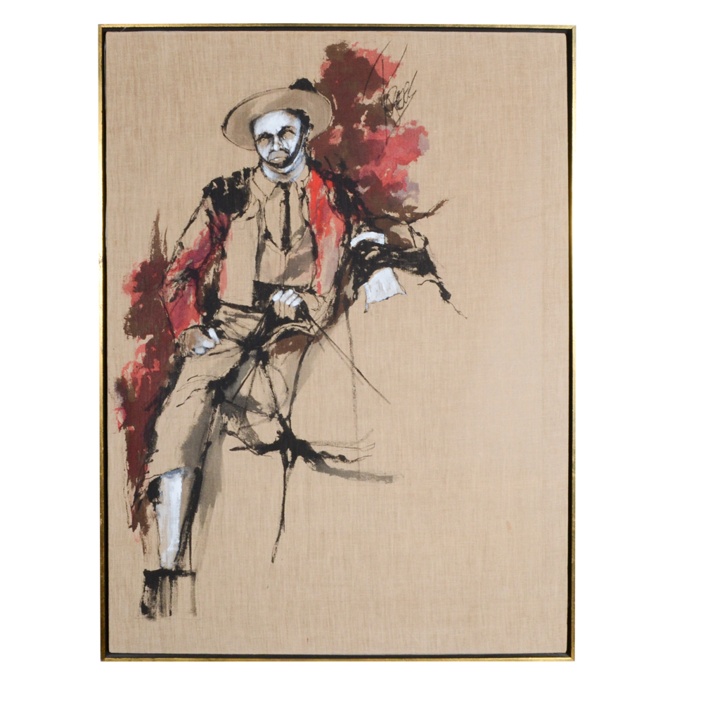 James Rogers Acrylic Painting on Burlap of Man on Horse