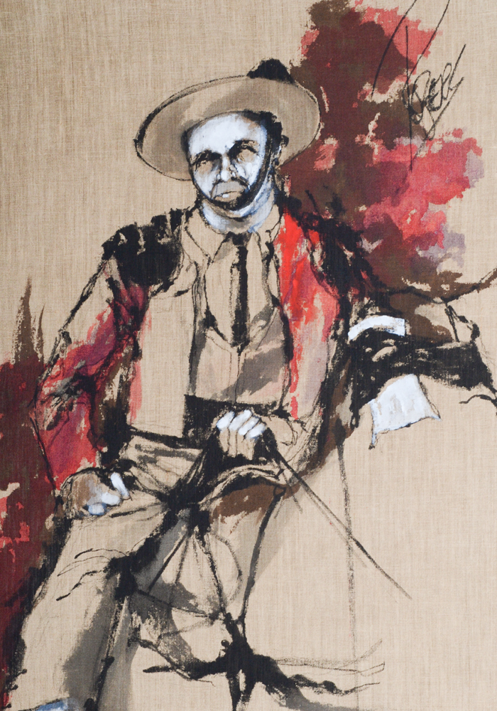 James Rogers Acrylic Painting on Burlap of Man on Horse