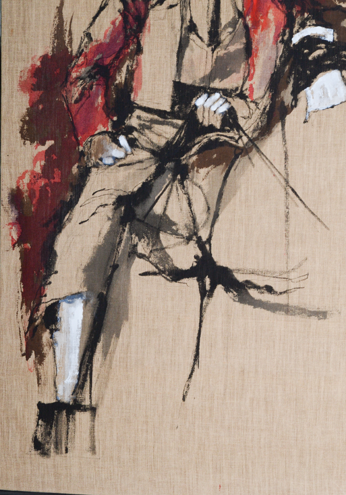 James Rogers Acrylic Painting on Burlap of Man on Horse