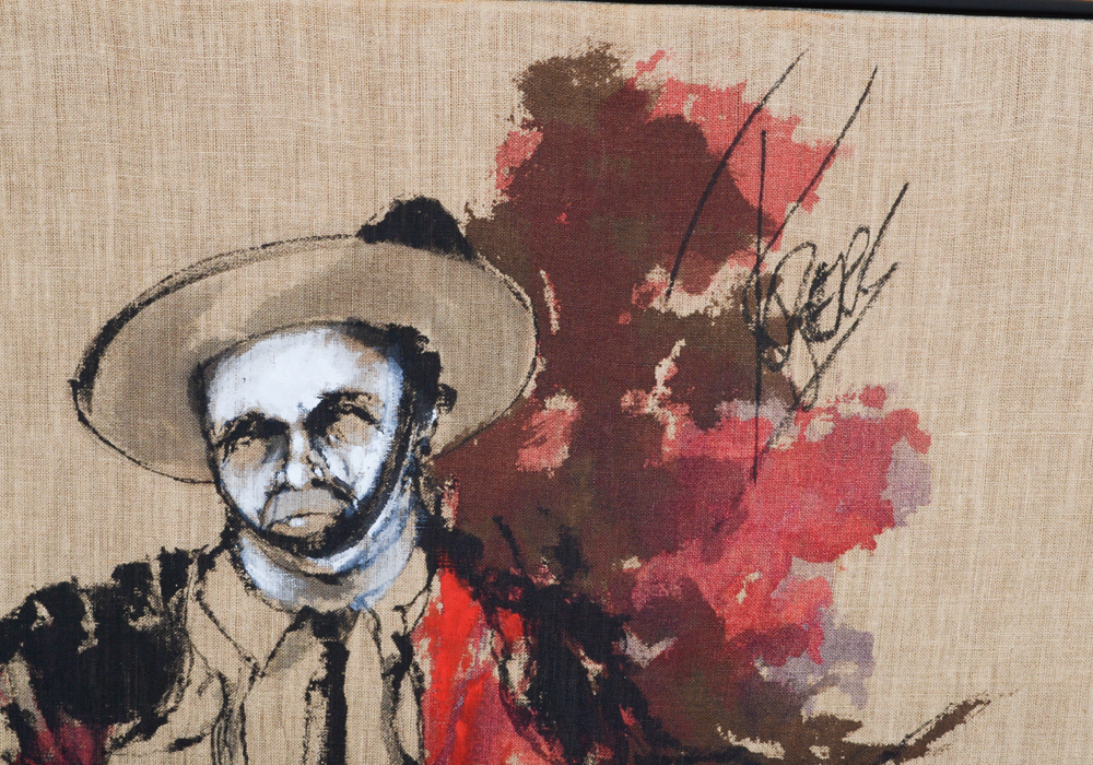 James Rogers Acrylic Painting on Burlap of Man on Horse