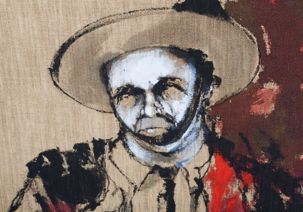 James Rogers Acrylic Painting on Burlap of Man on Horse