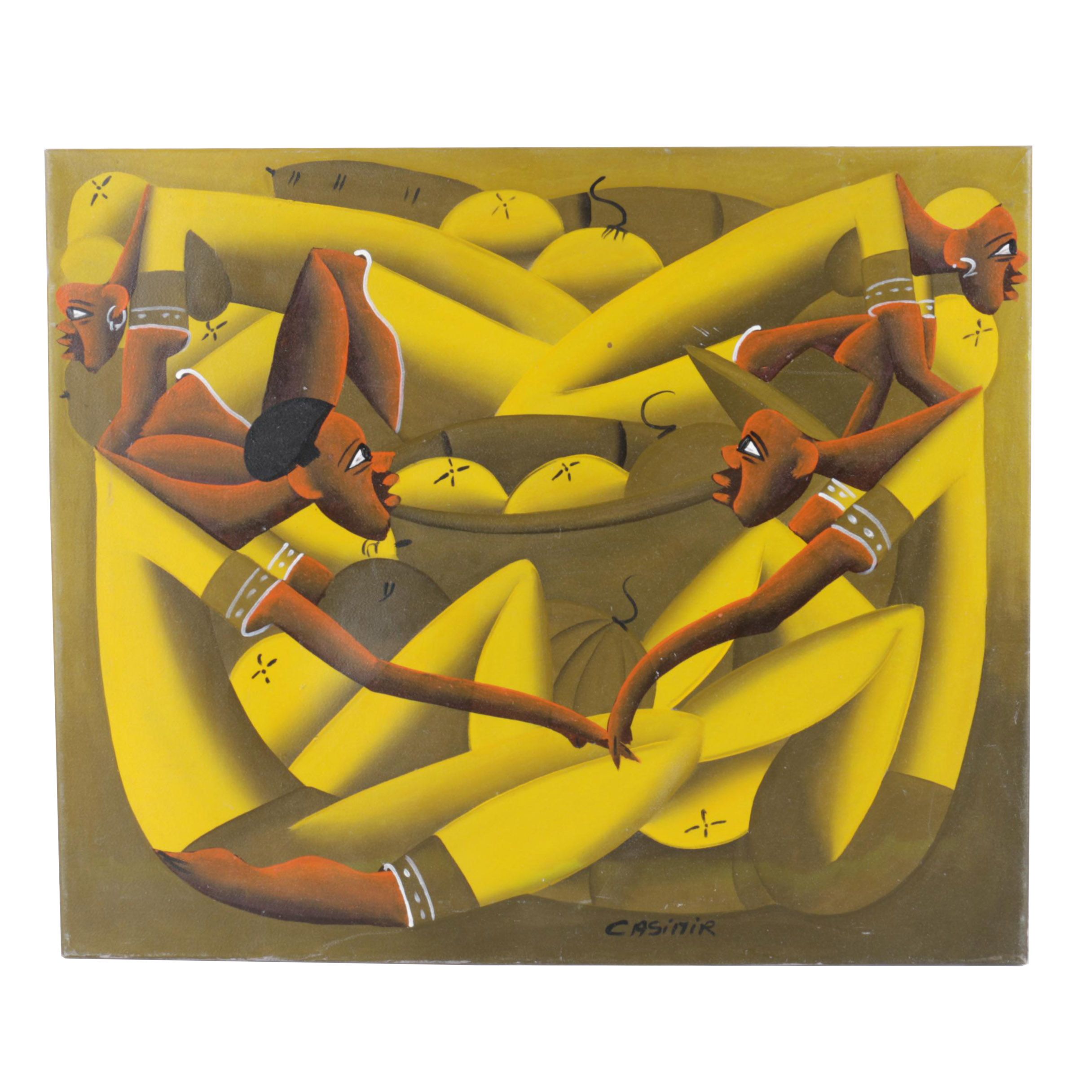 Laurent Casimir Acrylic Painting on Canvas of Figures at a Haitian Market