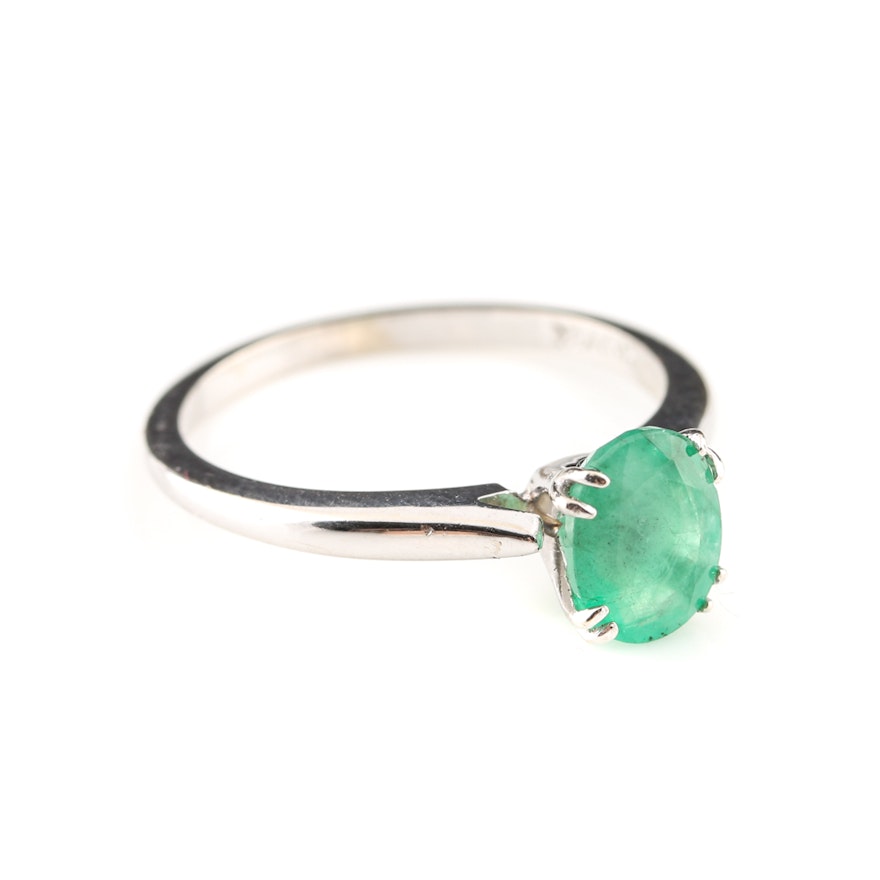 14K White Gold 1.14 CT Emerald Solitaire Ring