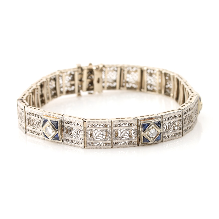 14K White Gold Filigree Link Bracelet With Diamond and Sapphire Accents