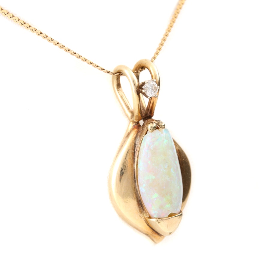 14K Yellow Gold Opal and Diamond Necklace