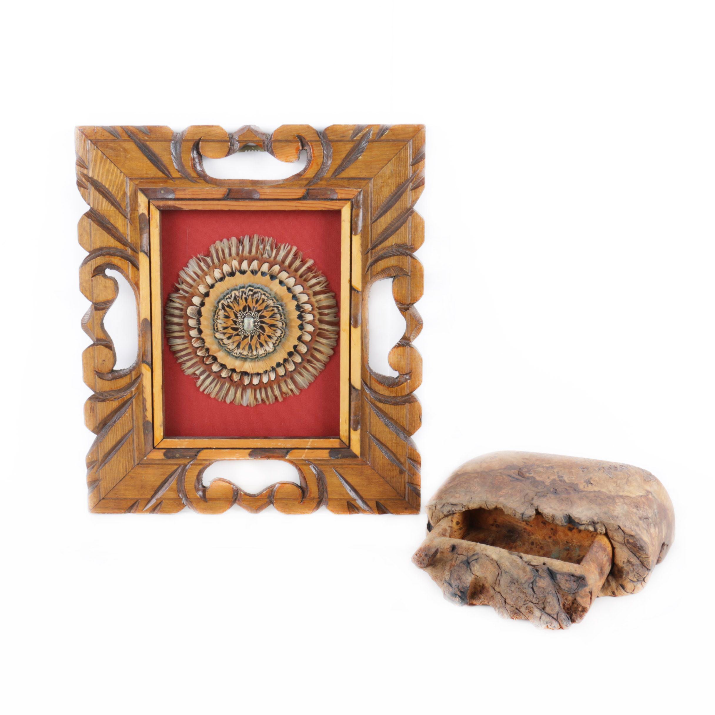 Burl Wood Box and Framed Feather Art "The Circle of Life" by Norman Peirce