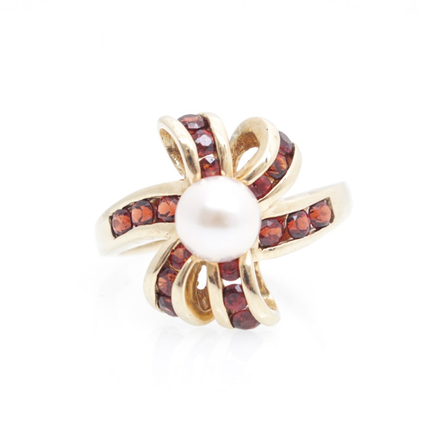 14K Yellow Gold Cultured Pearl and Garnet Ring