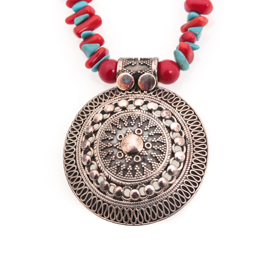 Silver Tone Natural Turquoise and Coral Necklace