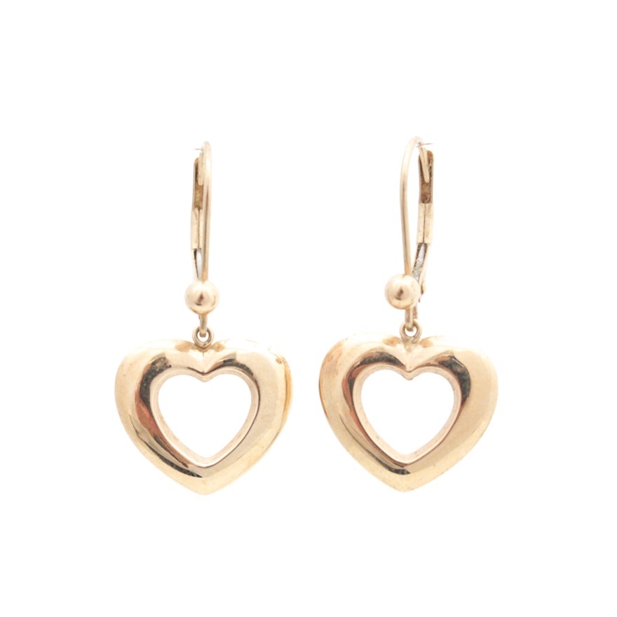 14K Yellow Gold Dangle Heart Earrings