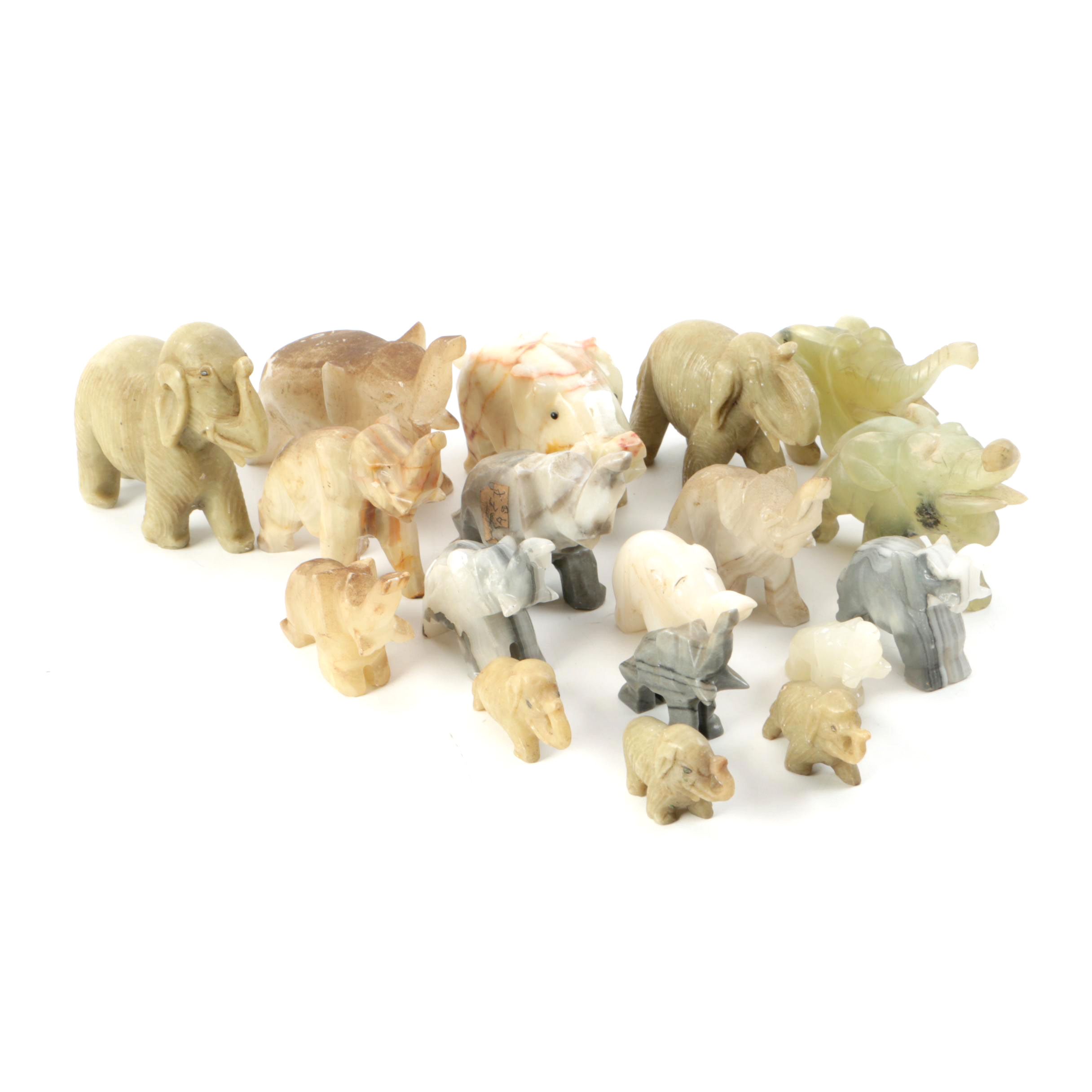Carved Agate and Soapstone Elephant Figurines