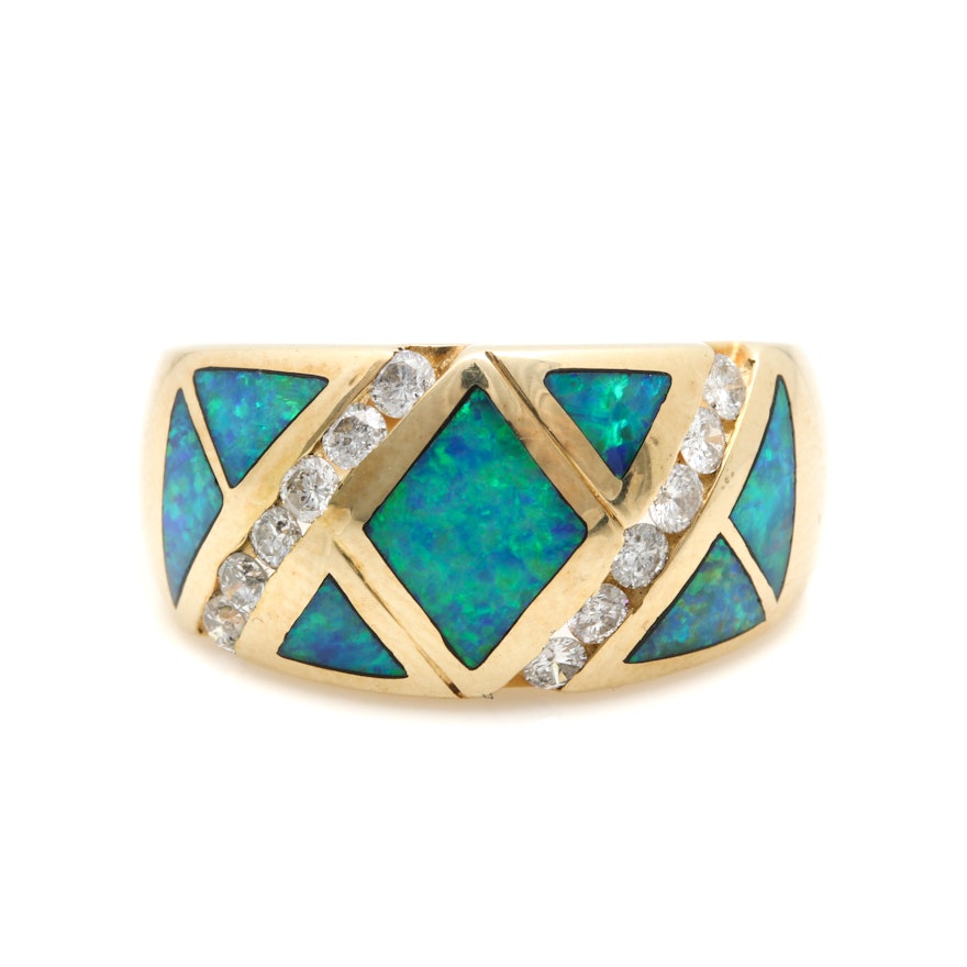 14K Yellow Gold Opal Doublet and Diamond Ring