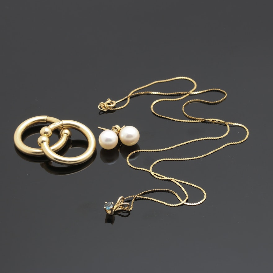 14K Yellow Gold Cultured Pearl Earrings, Non-Pierced Hoops, and Kyanite Necklace