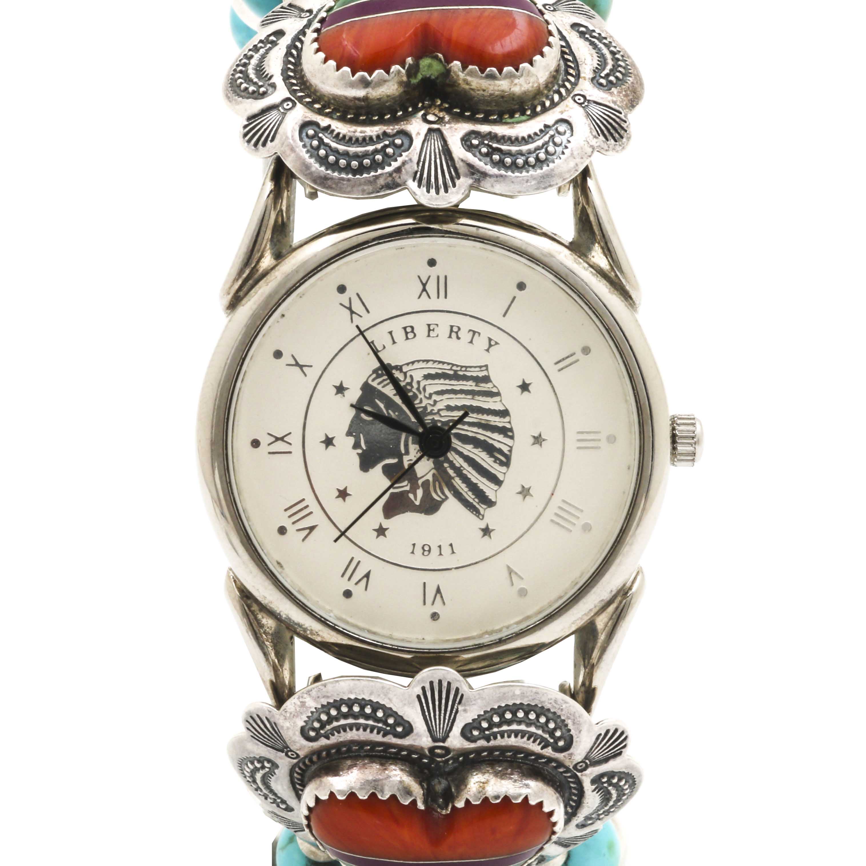 Quoc Turquoise Inc. Sterling Silver Watch With Inlay and Turquoise