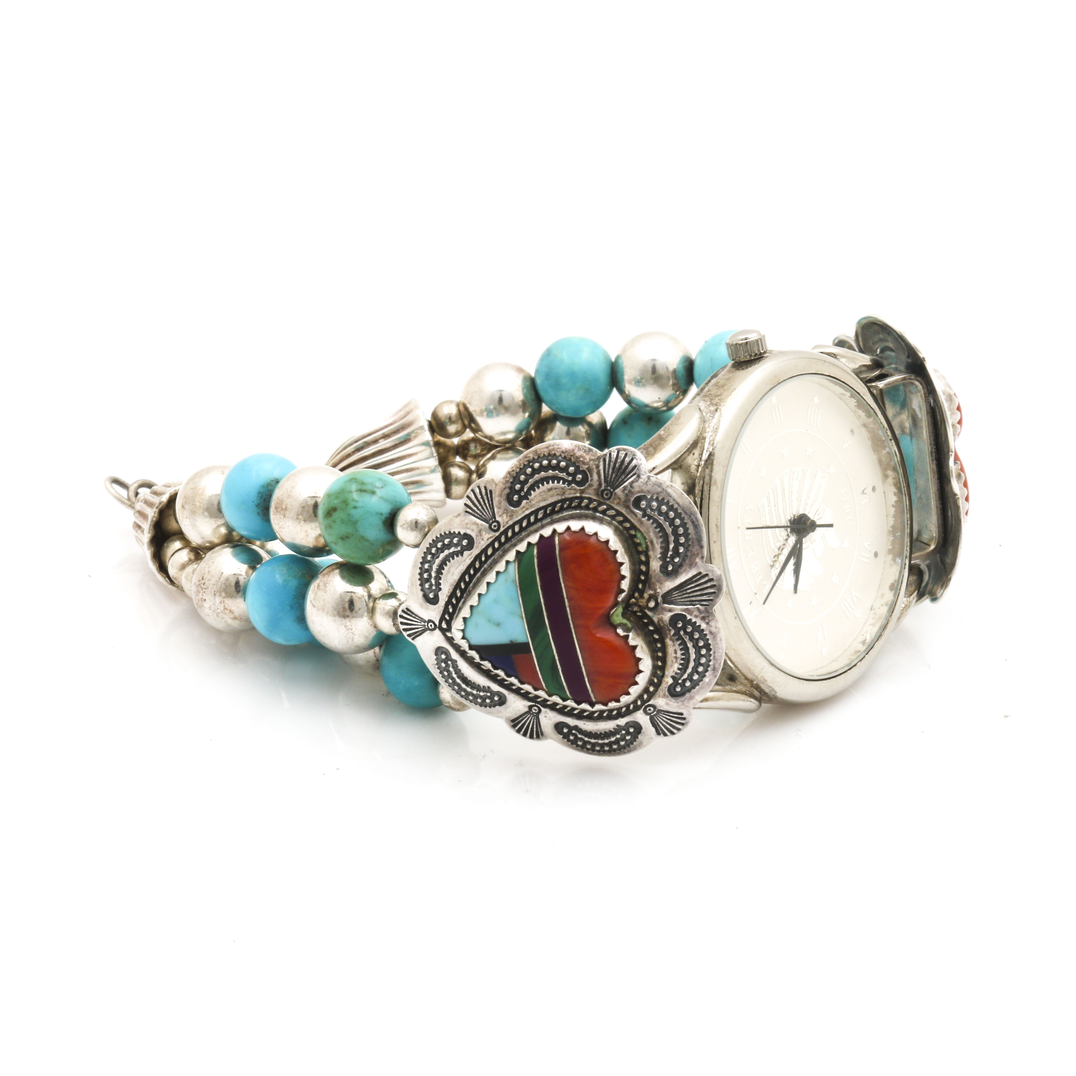 Quoc Turquoise Inc. Sterling Silver Watch With Inlay and Turquoise