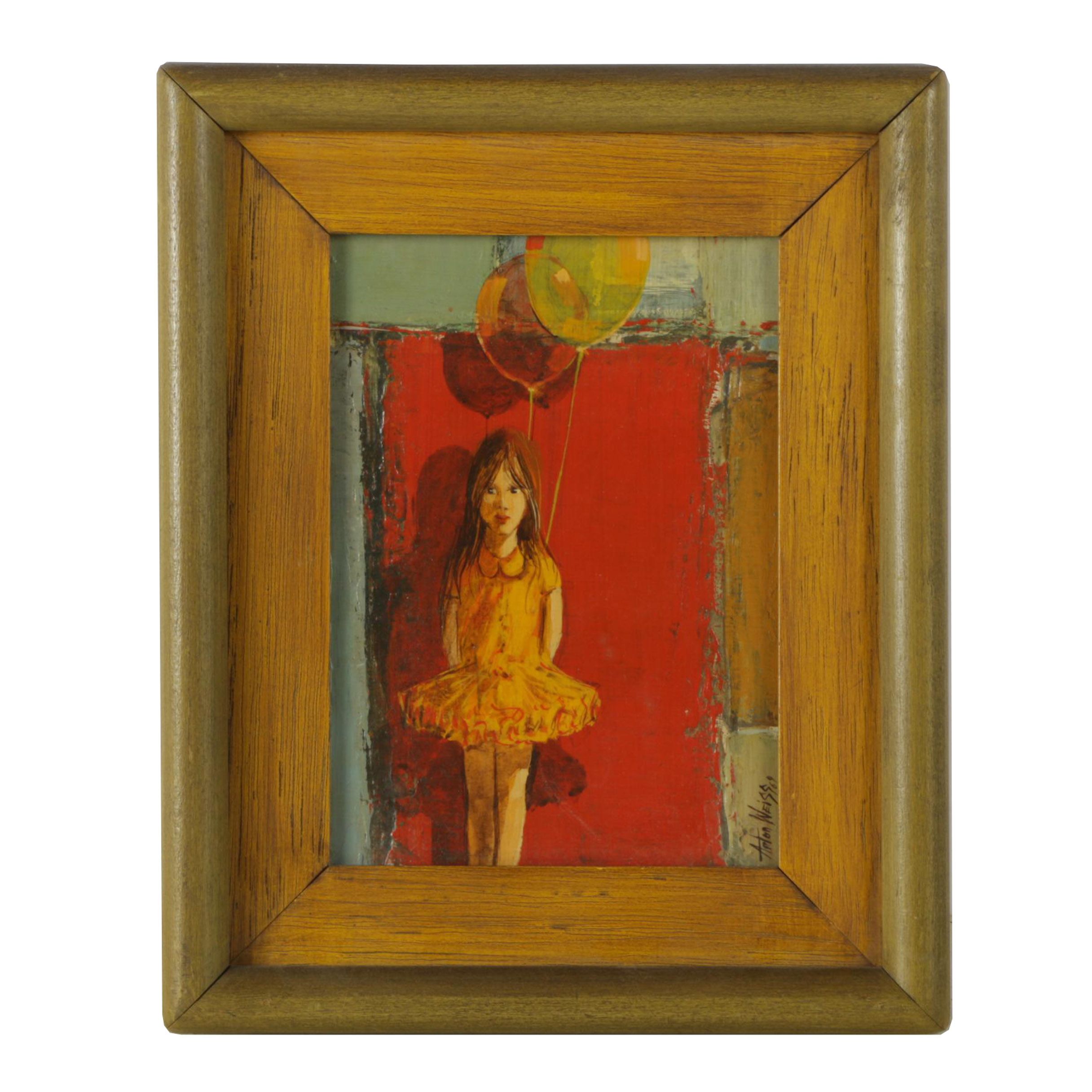 Anton Weiss 1969 Oil Painting on Canvas of Girl in Tutu Holding Balloons