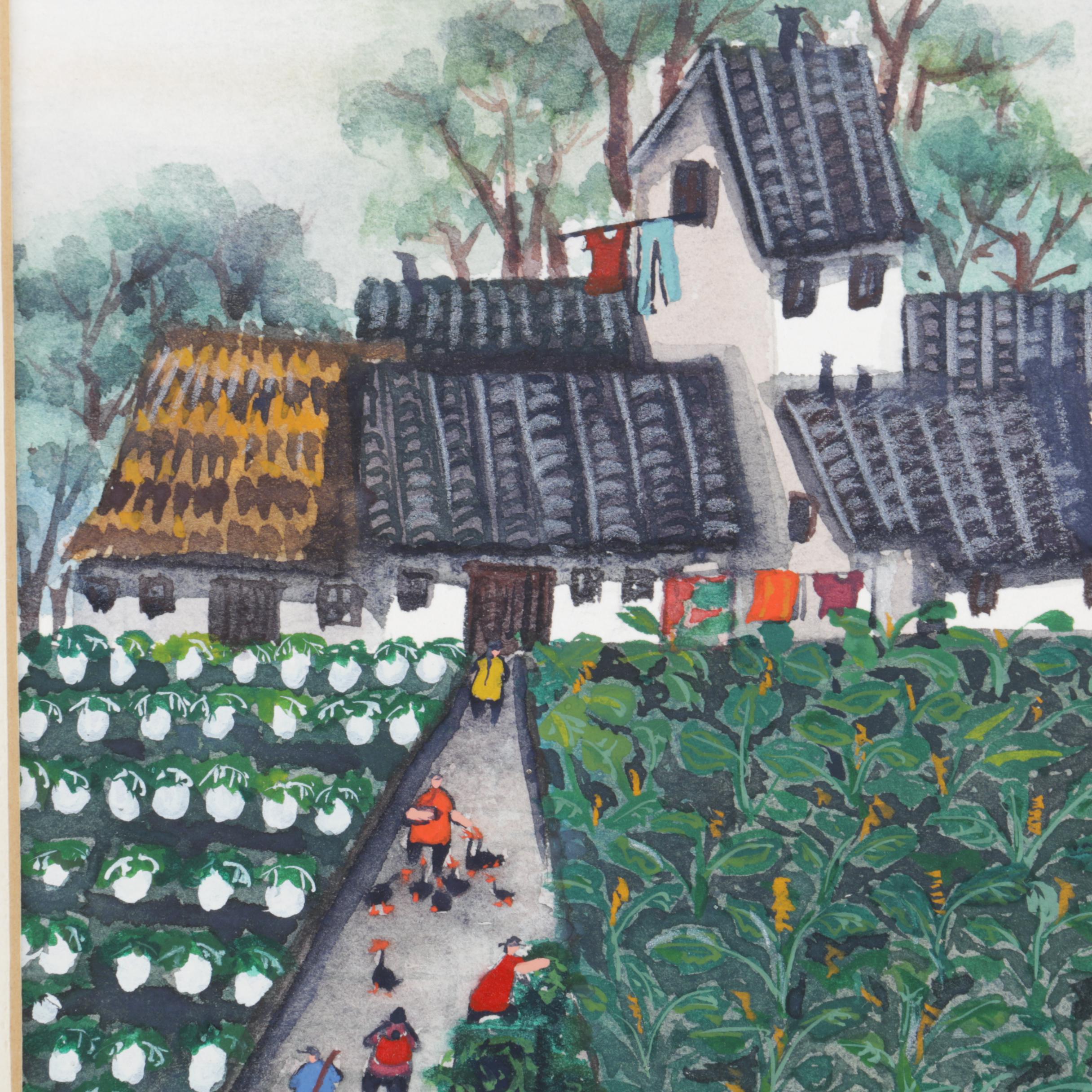 Vivienne Lee 1980s Watercolor and Gouache Painting of Chinese Farm Landscape