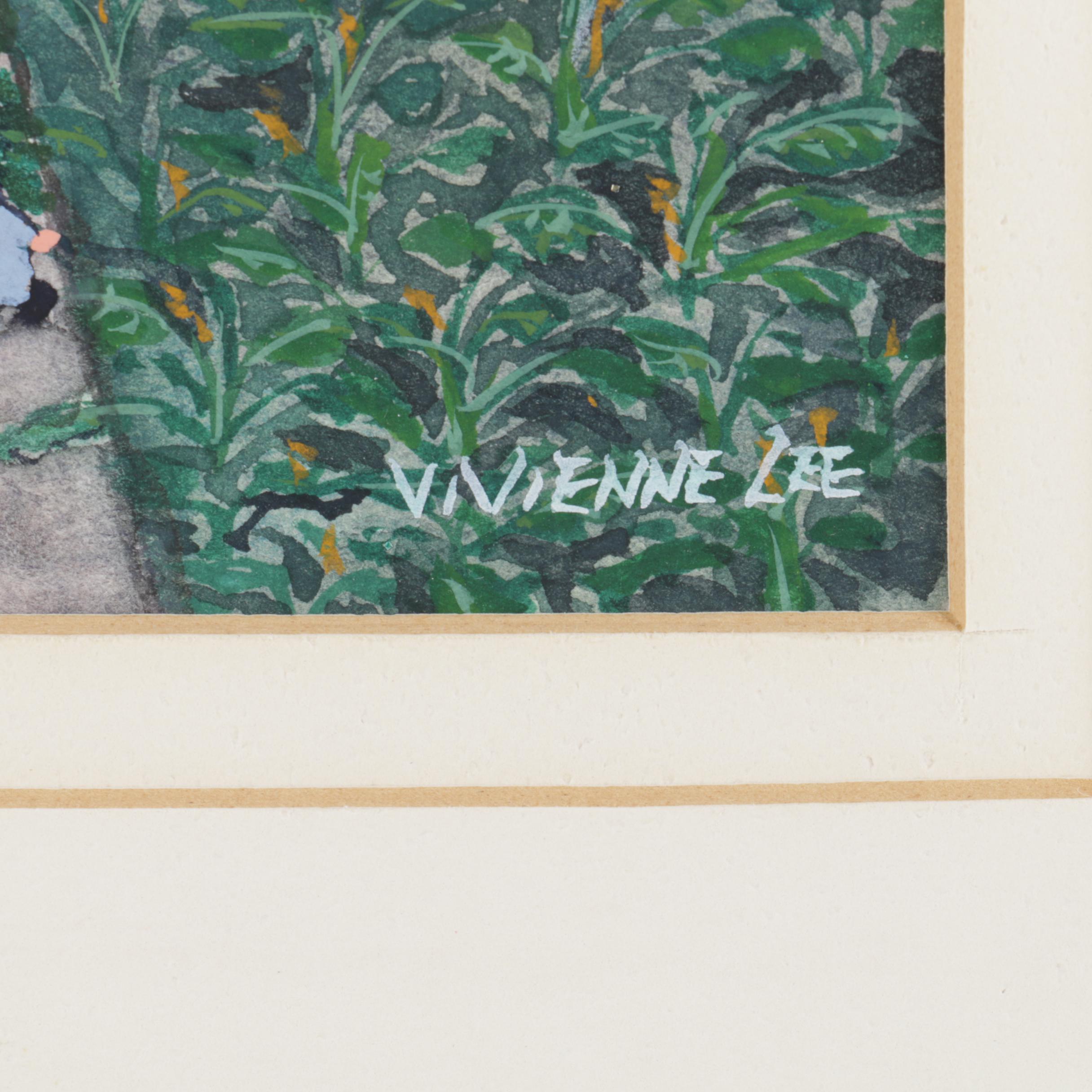 Vivienne Lee 1980s Watercolor and Gouache Painting of Chinese Farm Landscape