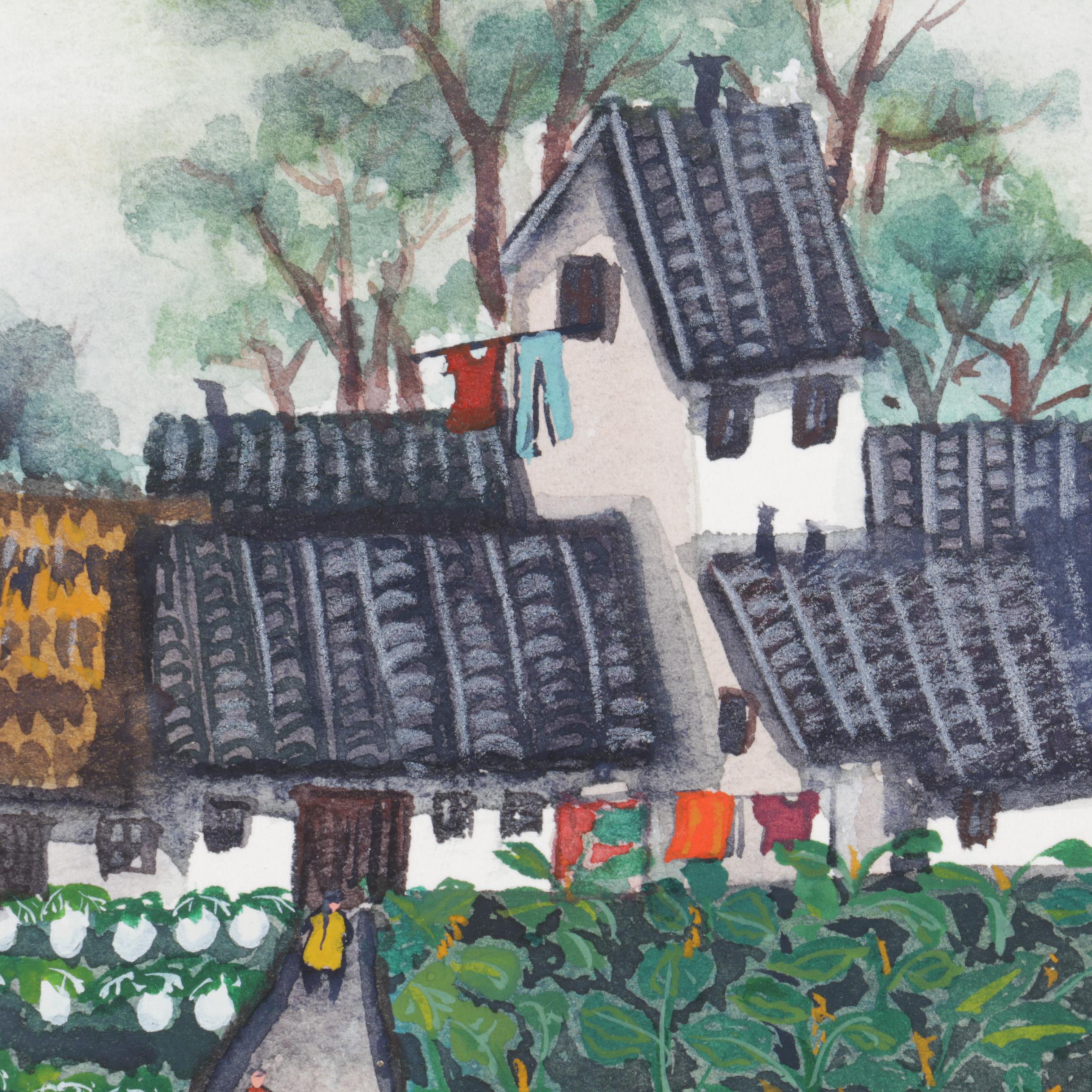 Vivienne Lee 1980s Watercolor and Gouache Painting of Chinese Farm Landscape