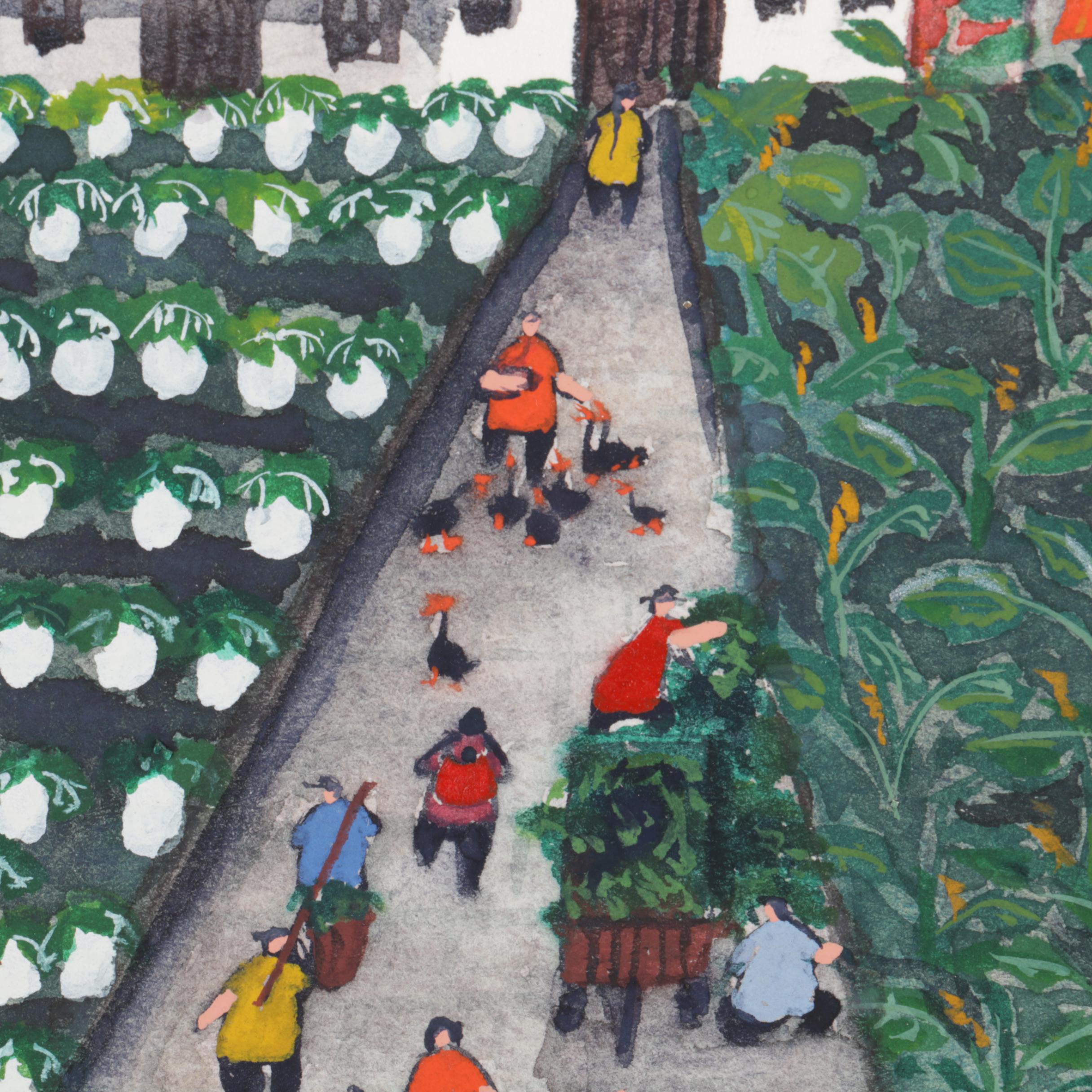 Vivienne Lee 1980s Watercolor and Gouache Painting of Chinese Farm Landscape