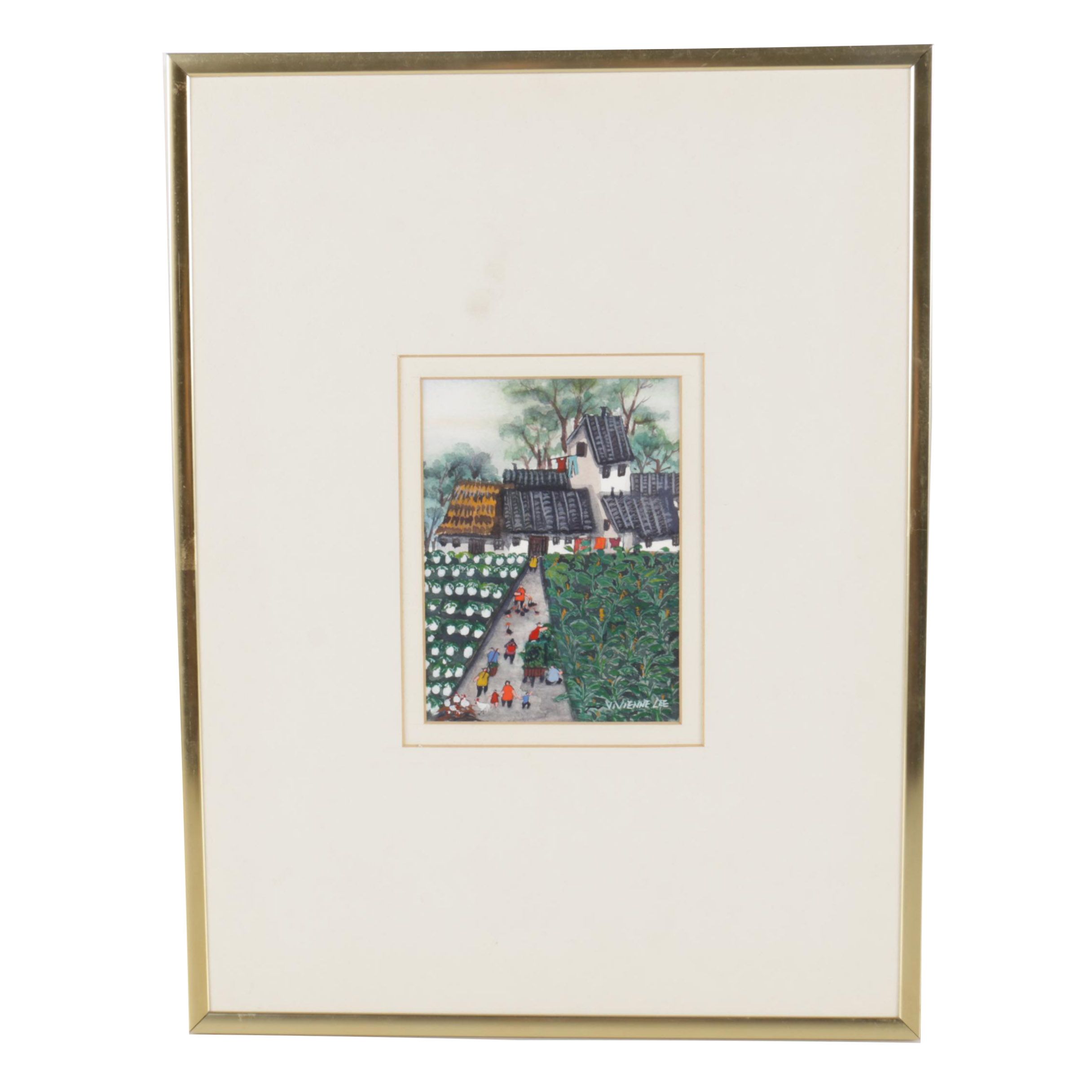 Vivienne Lee 1980s Watercolor and Gouache Painting of Chinese Farm Landscape