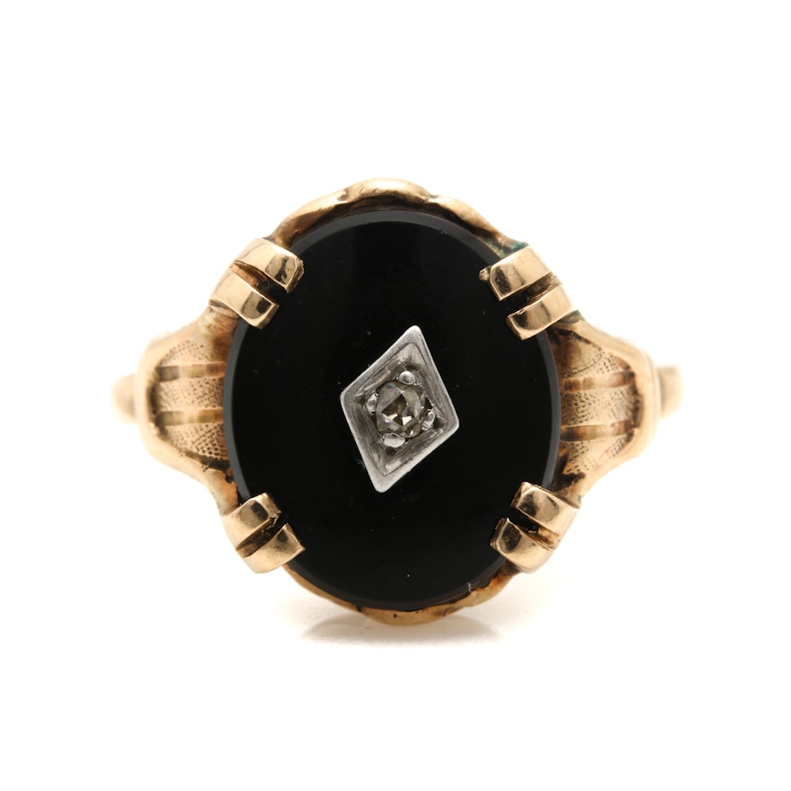 10K Yellow Gold Black Onyx and Diamond Ring