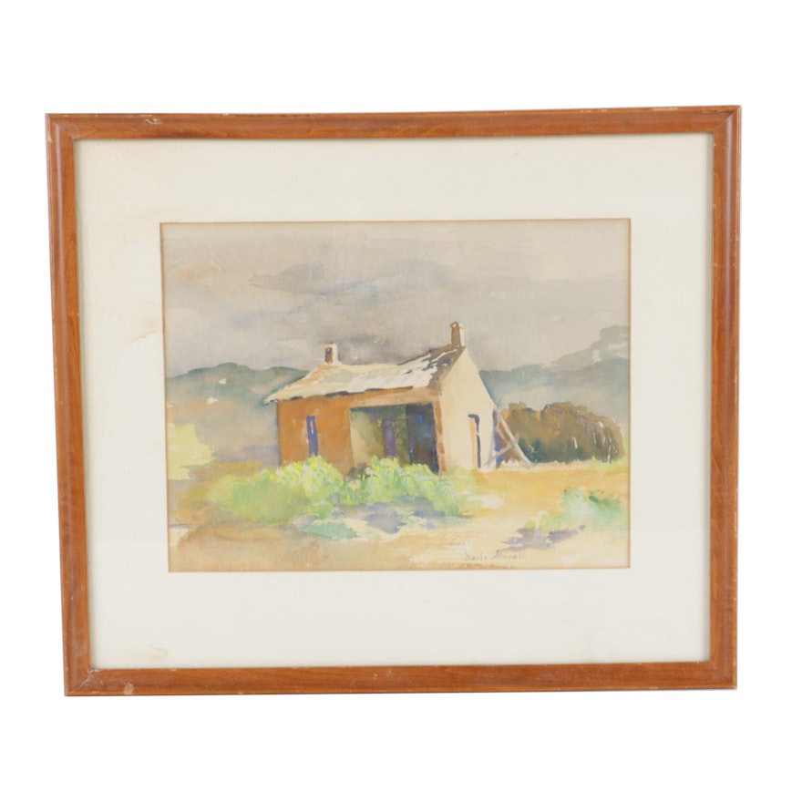 Doris Stovell Mid Century Watercolor and Gouache Landscape Painting on Paper
