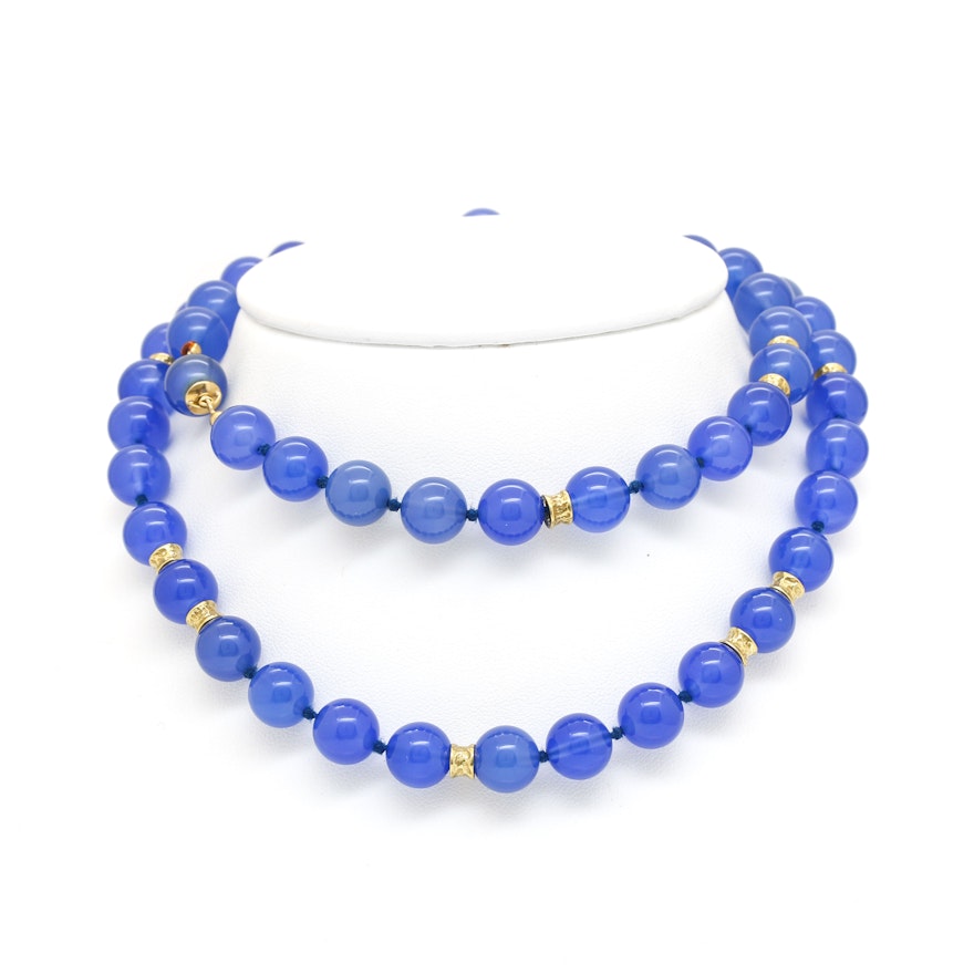 18K Yellow Gold Blue Chalcedony Necklace