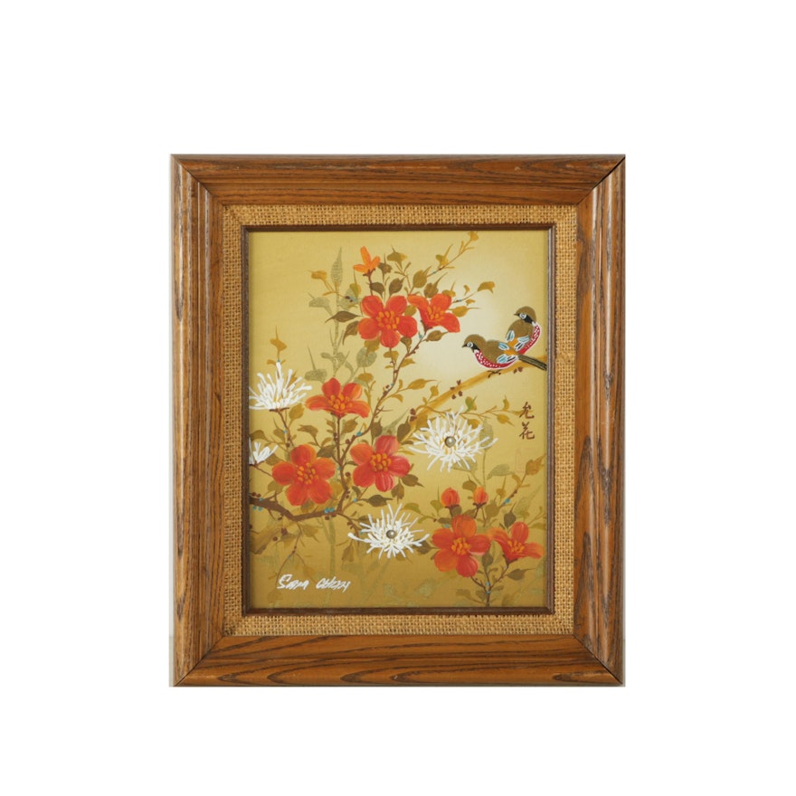 Signed East Asian Style Oil Painting on Board of Flowers and Birds