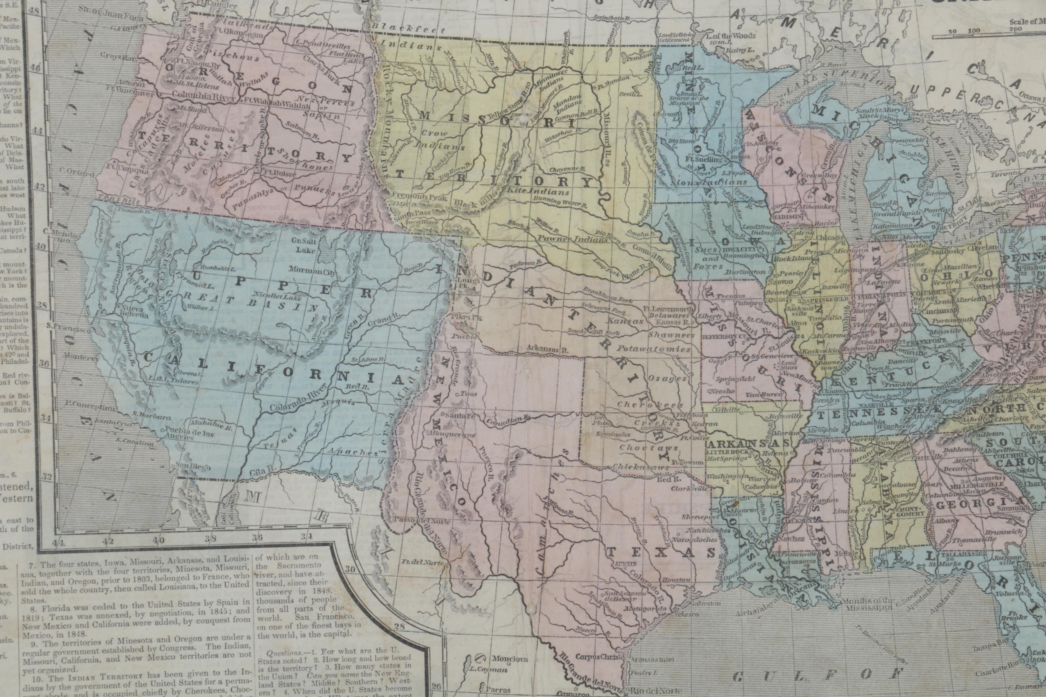 Hand Colored Engraved Map of the United States in the Mid 19th Century