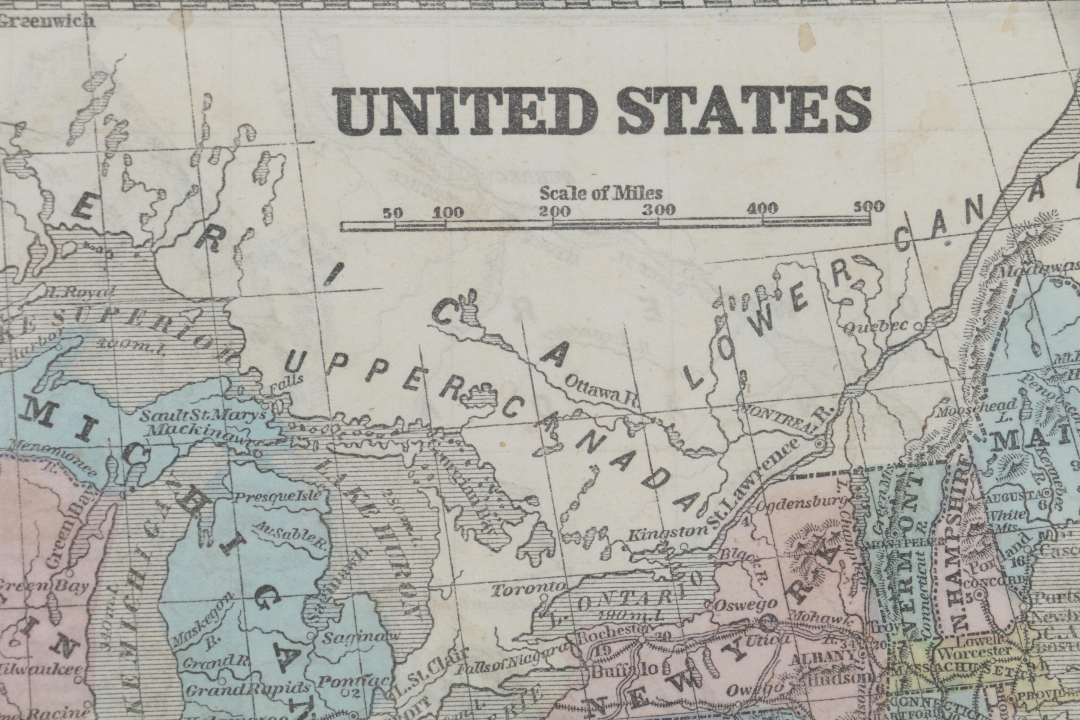 Hand Colored Engraved Map of the United States in the Mid 19th Century