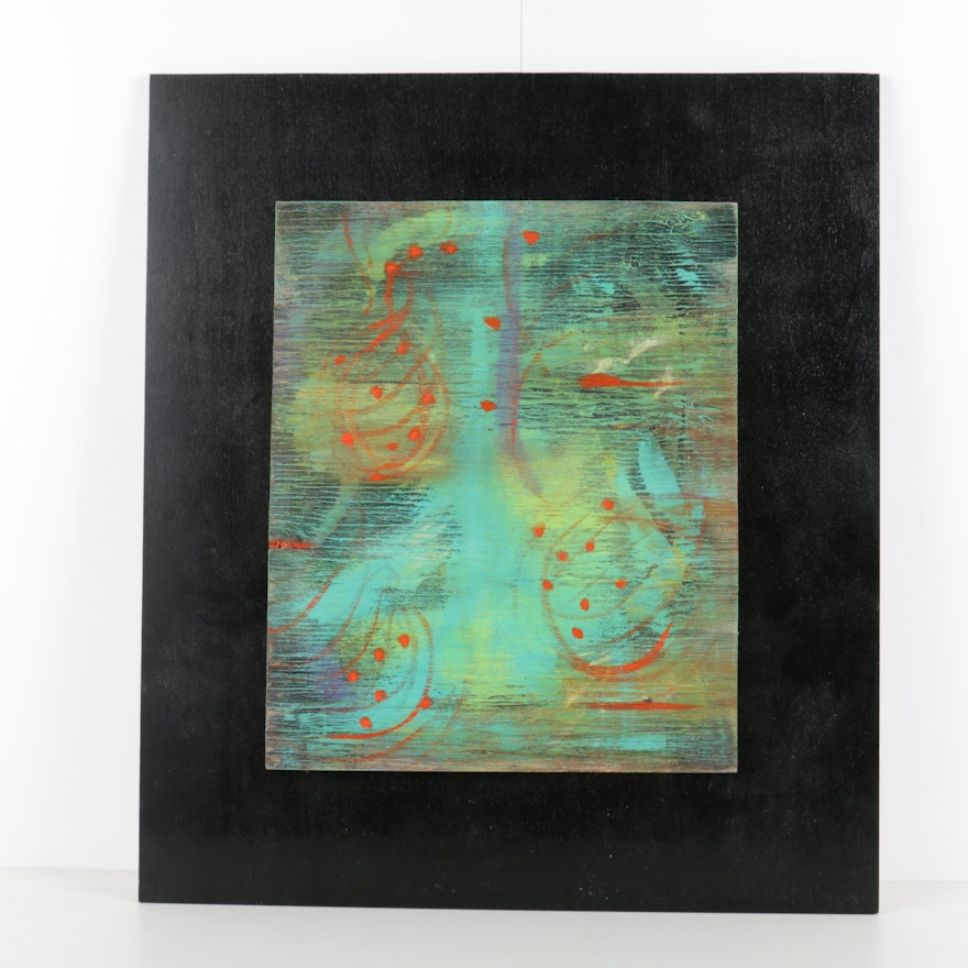 Contemporary Abstract Oil Painting on Panel in Teal and Red