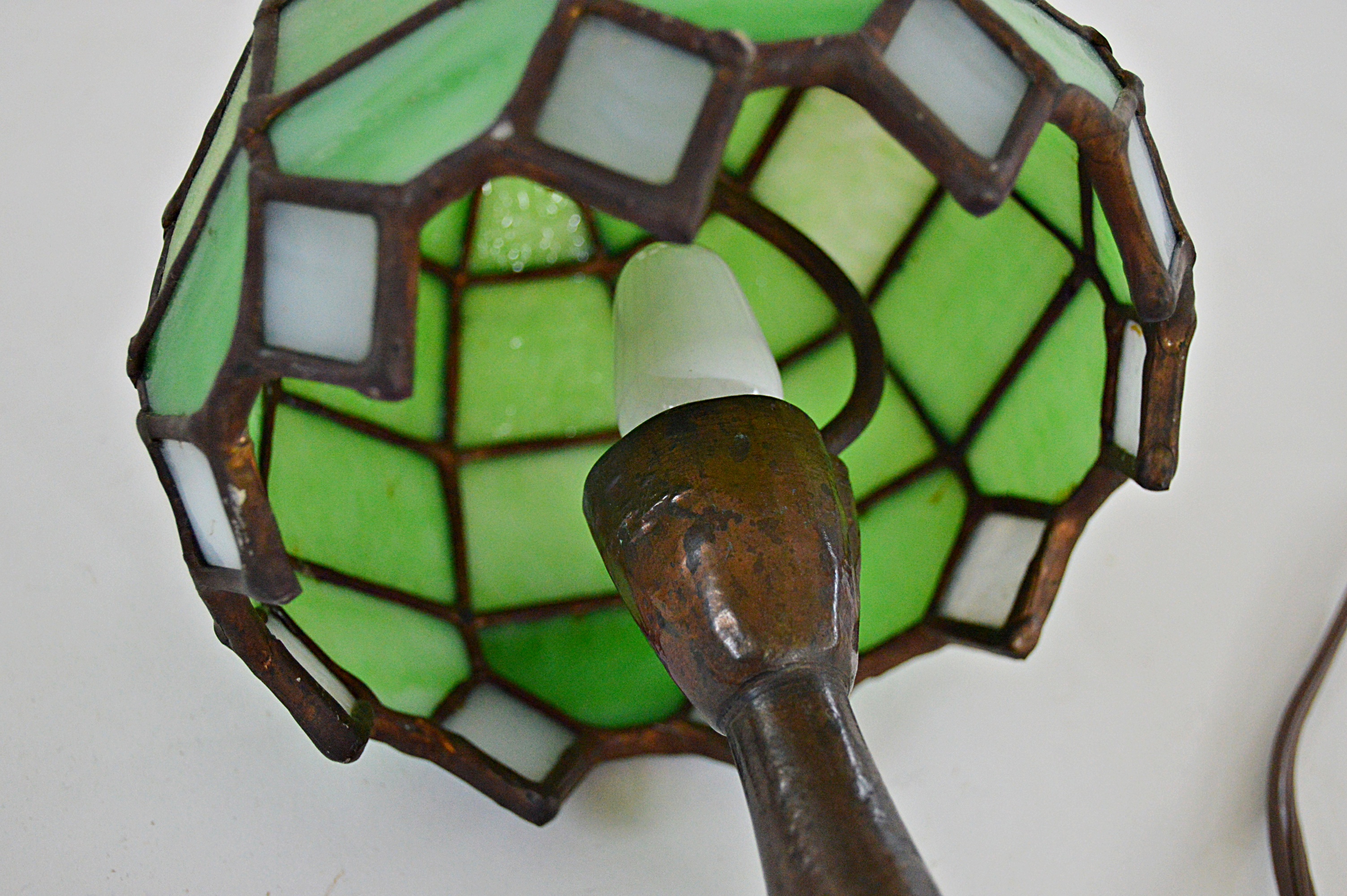 Vintage Art Nouveau Style Stained Leaded Desk Lamp in a Miniature Size