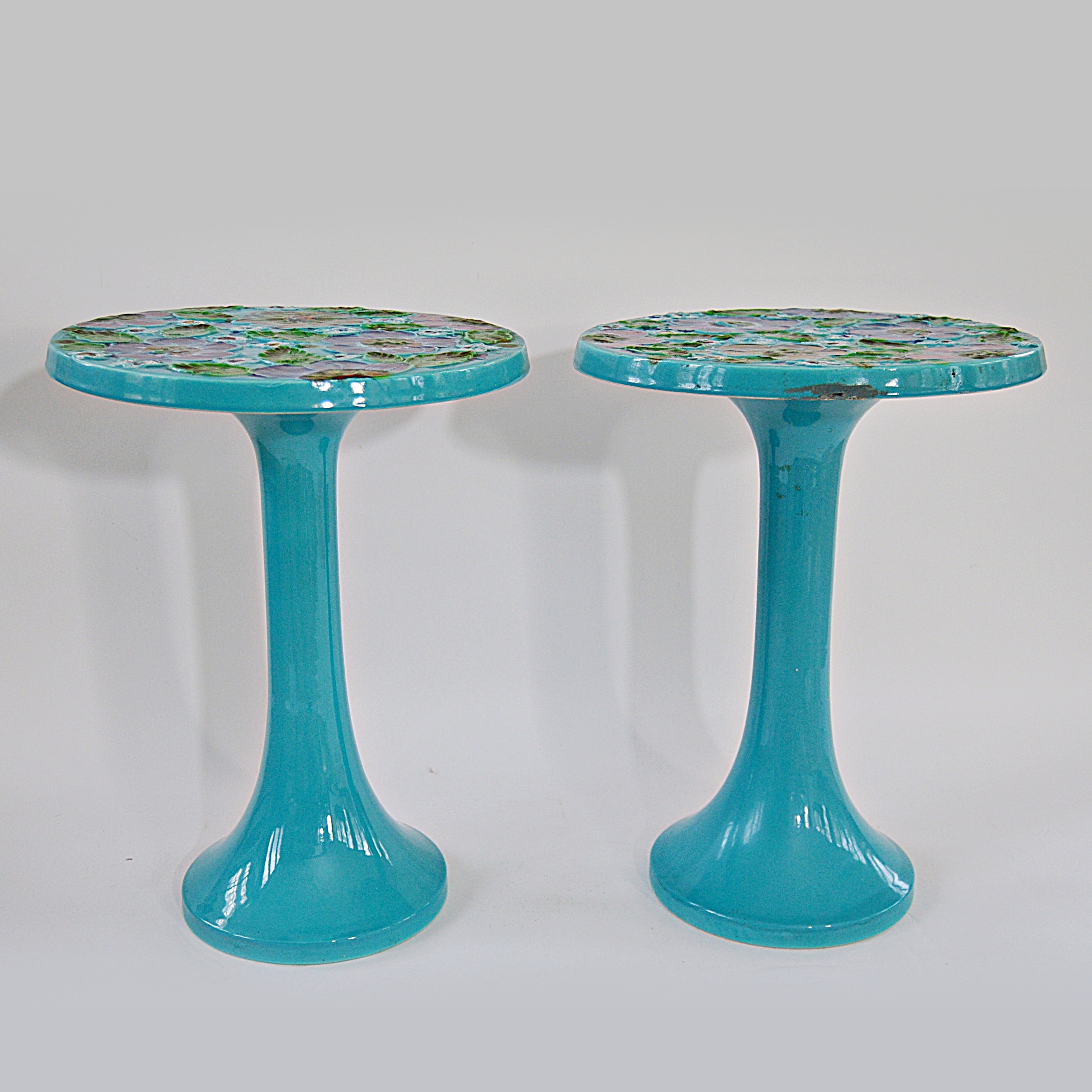 Mid Century Modern Floral-Enameled Tulip Side Tables