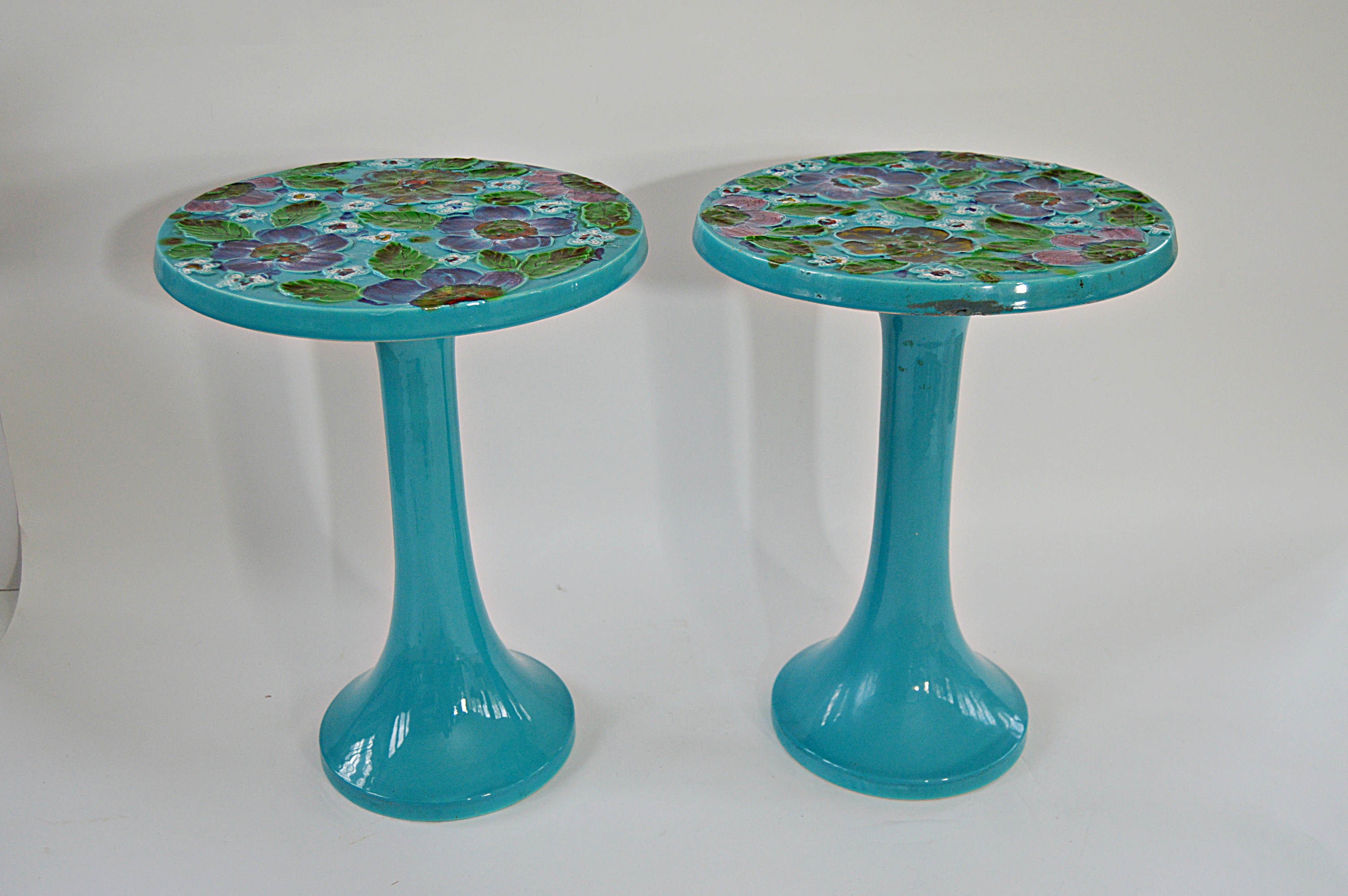 Mid Century Modern Floral-Enameled Tulip Side Tables