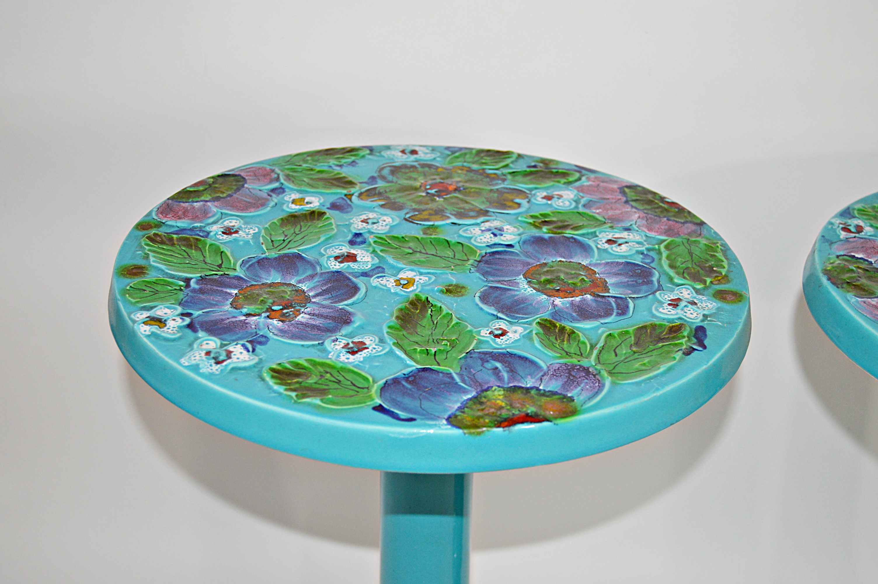 Mid Century Modern Floral-Enameled Tulip Side Tables