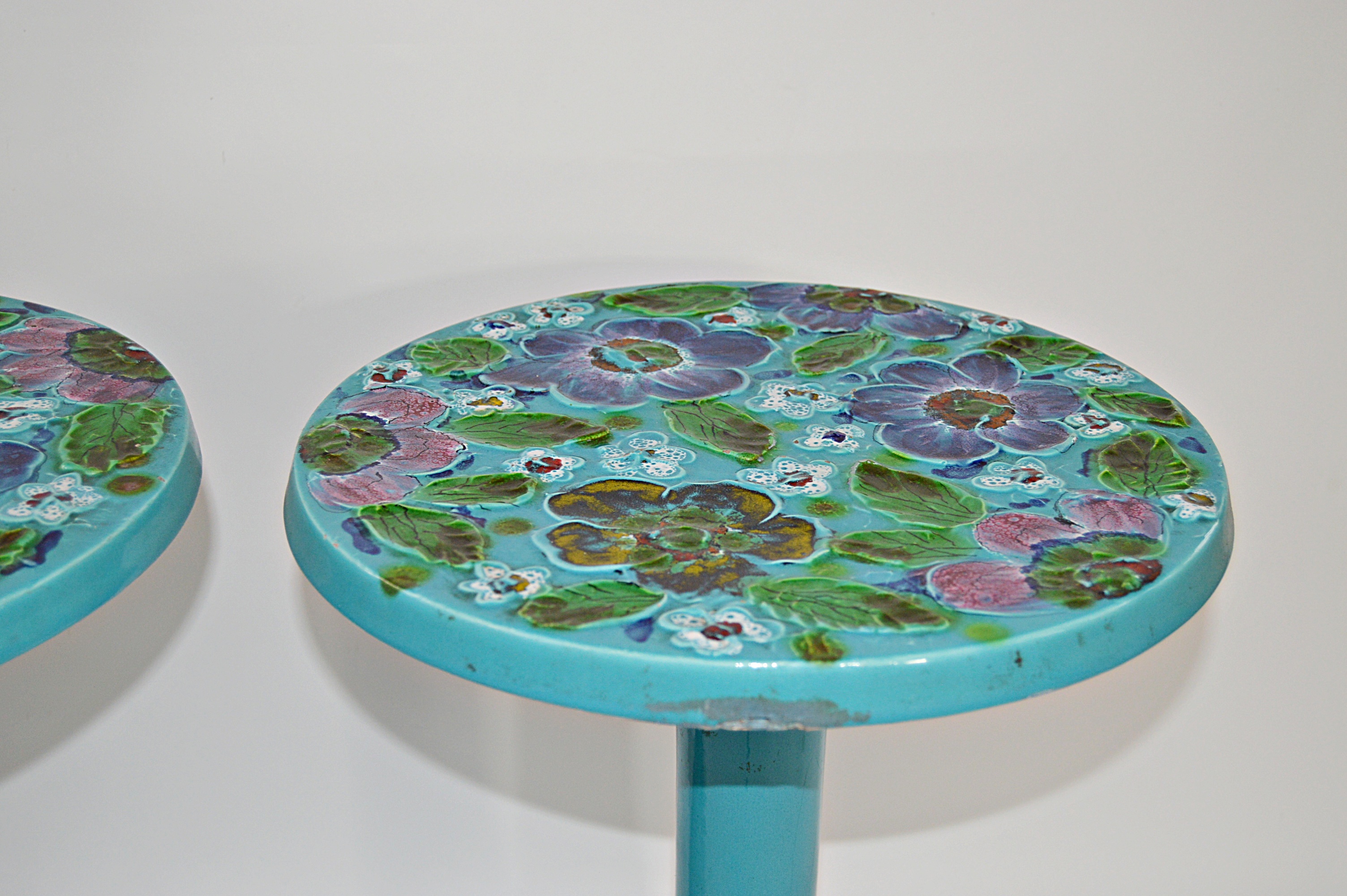 Mid Century Modern Floral-Enameled Tulip Side Tables
