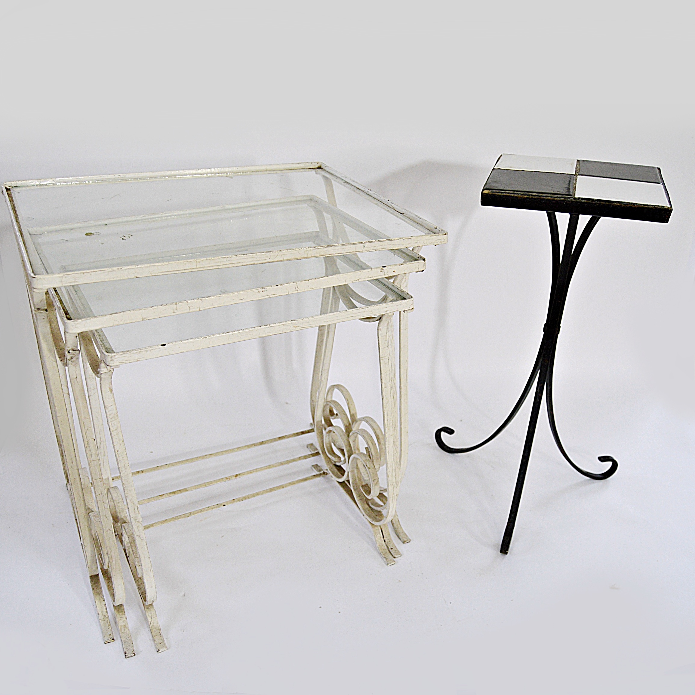 Vintage Iron and Glass Stacking Table Set  and Tile-Topped Metal Accent Table