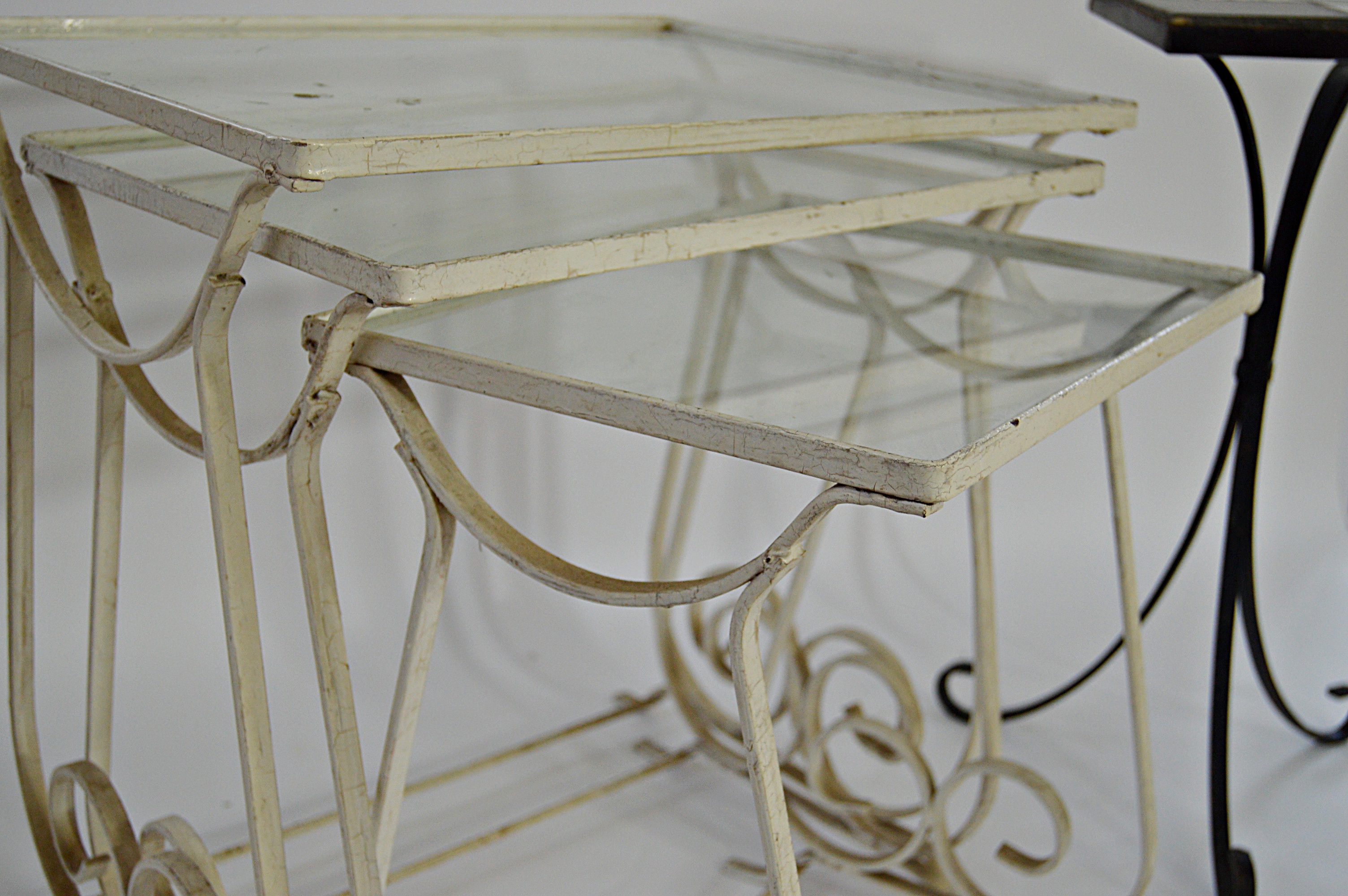 Vintage Iron and Glass Stacking Table Set  and Tile-Topped Metal Accent Table