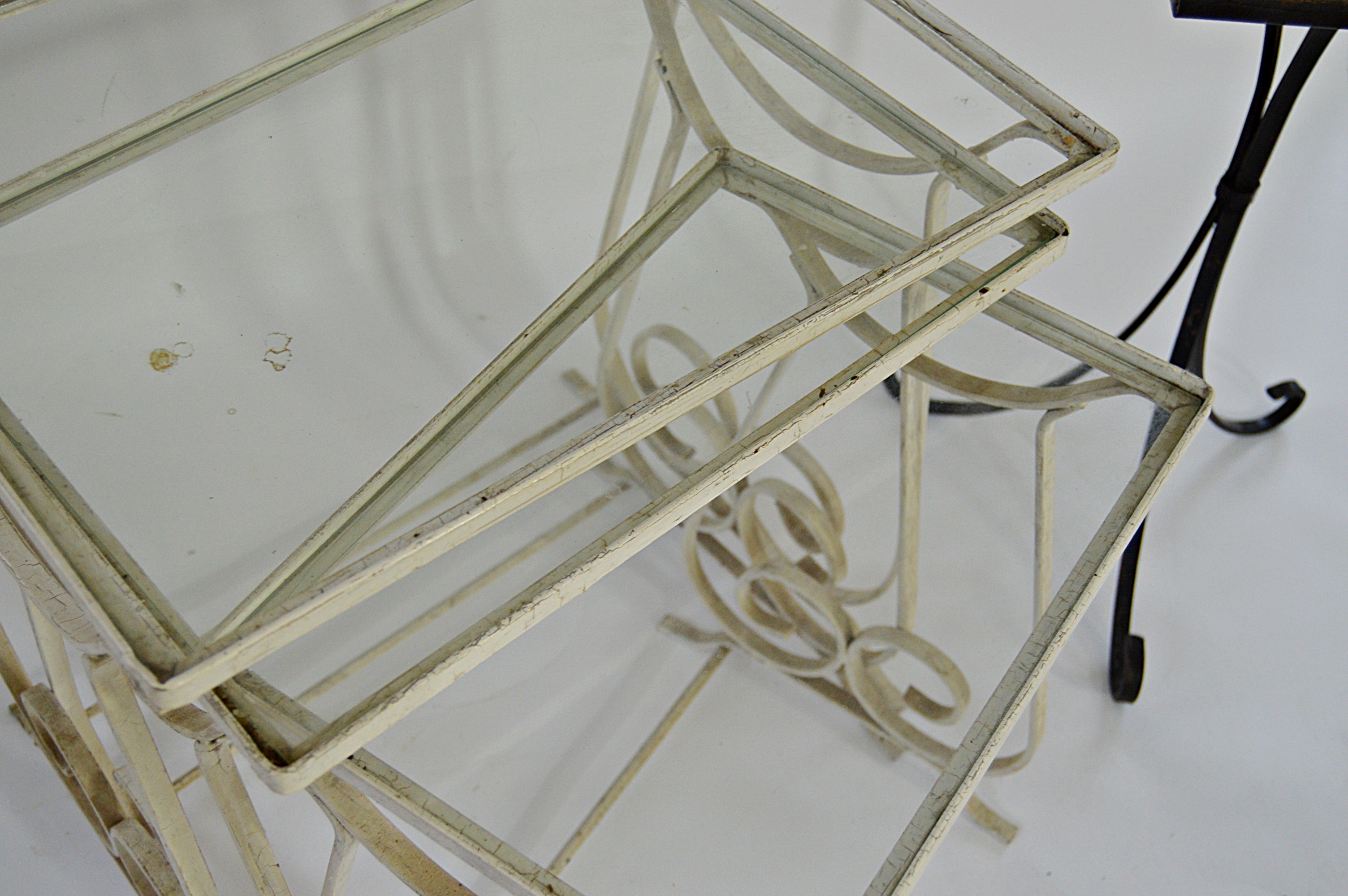 Vintage Iron and Glass Stacking Table Set  and Tile-Topped Metal Accent Table