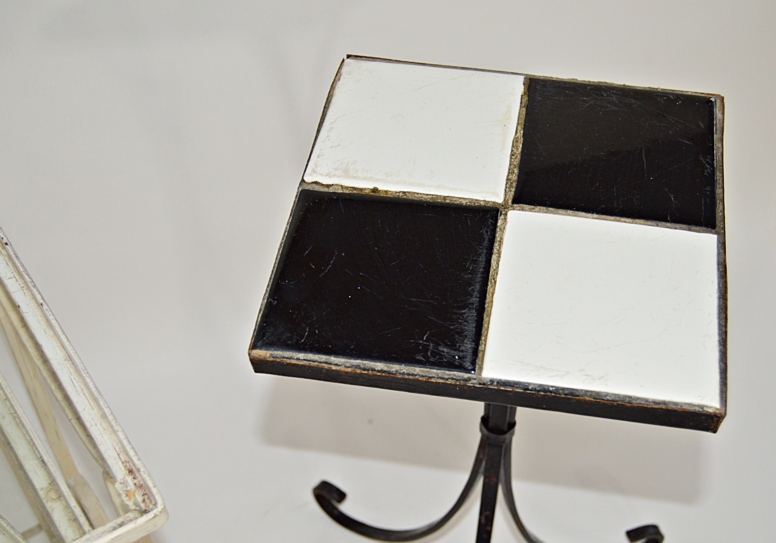 Vintage Iron and Glass Stacking Table Set  and Tile-Topped Metal Accent Table