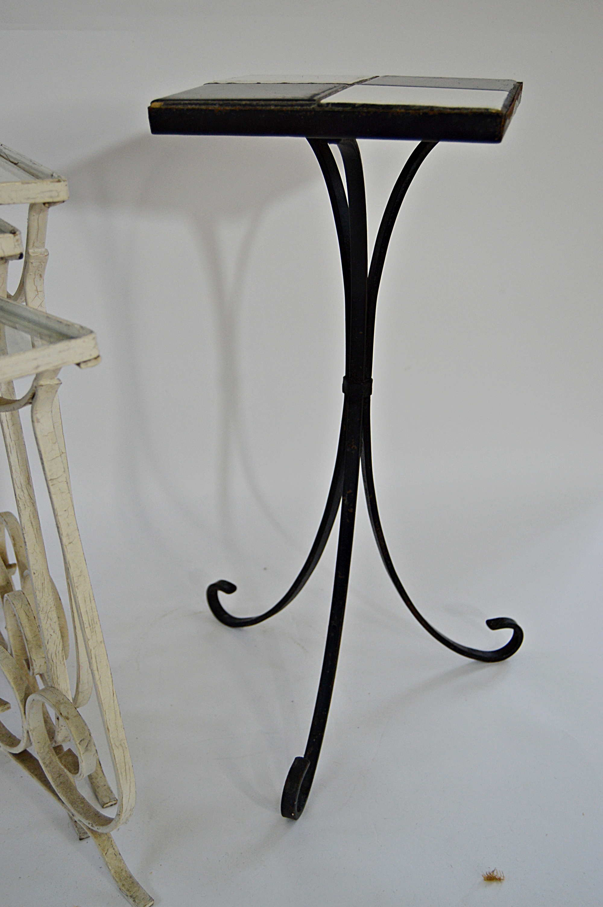 Vintage Iron and Glass Stacking Table Set  and Tile-Topped Metal Accent Table