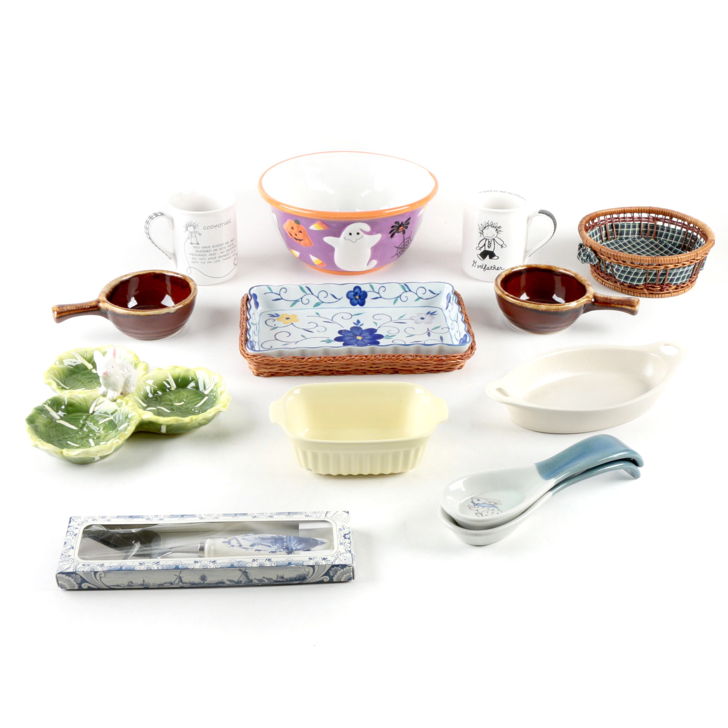 Stoneware Serving Items and Baskets Including Corning Ware