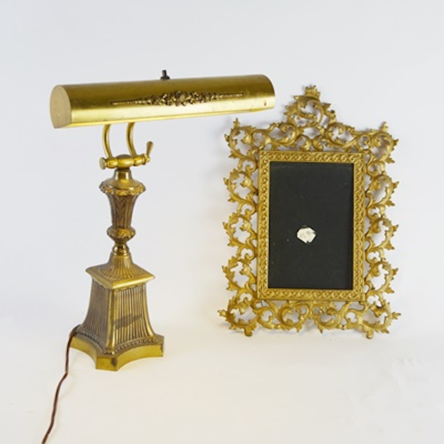 Brass Tone Picture Frame and Desk Lamp