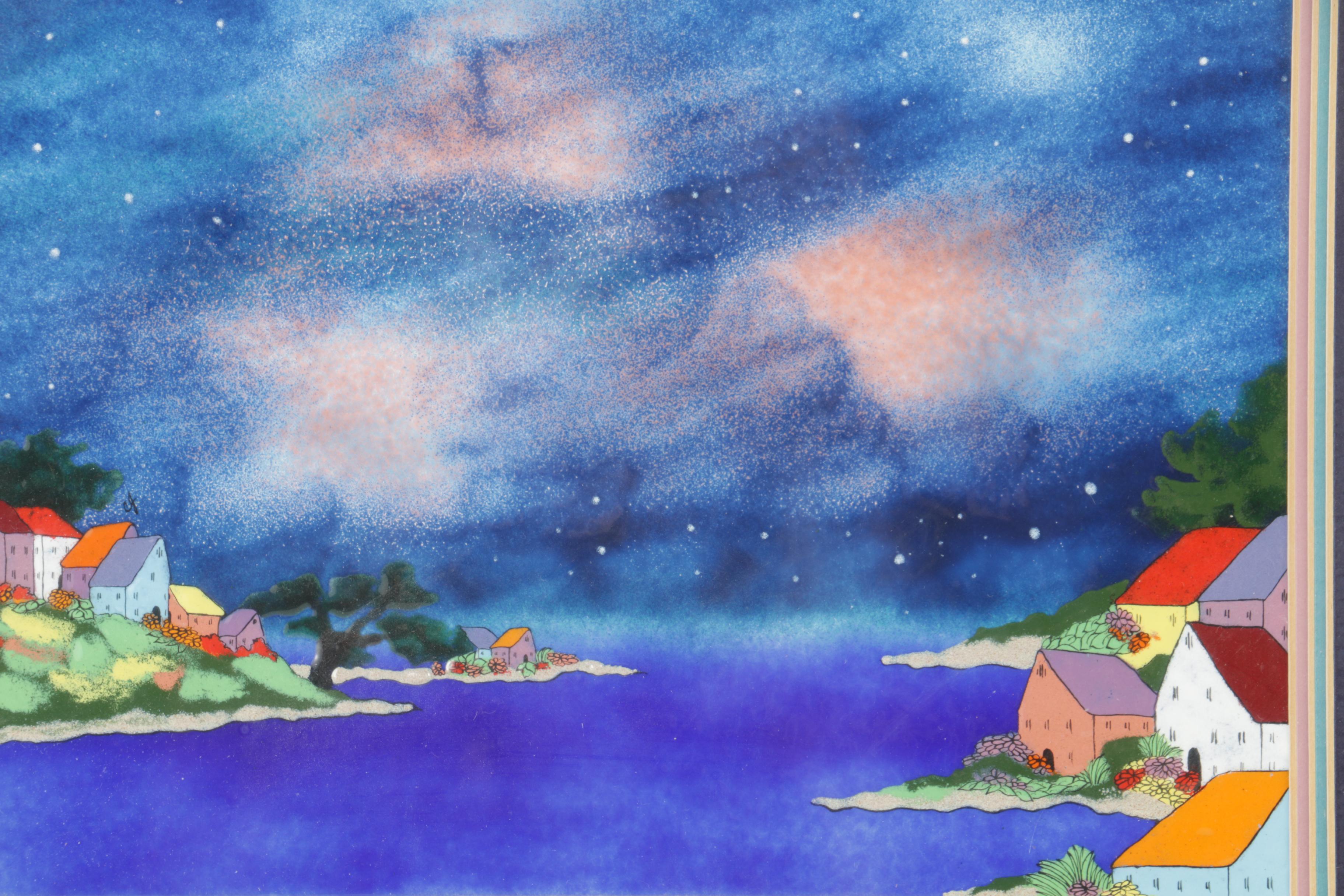 Enamel Painting on Panel of Night Town Scene