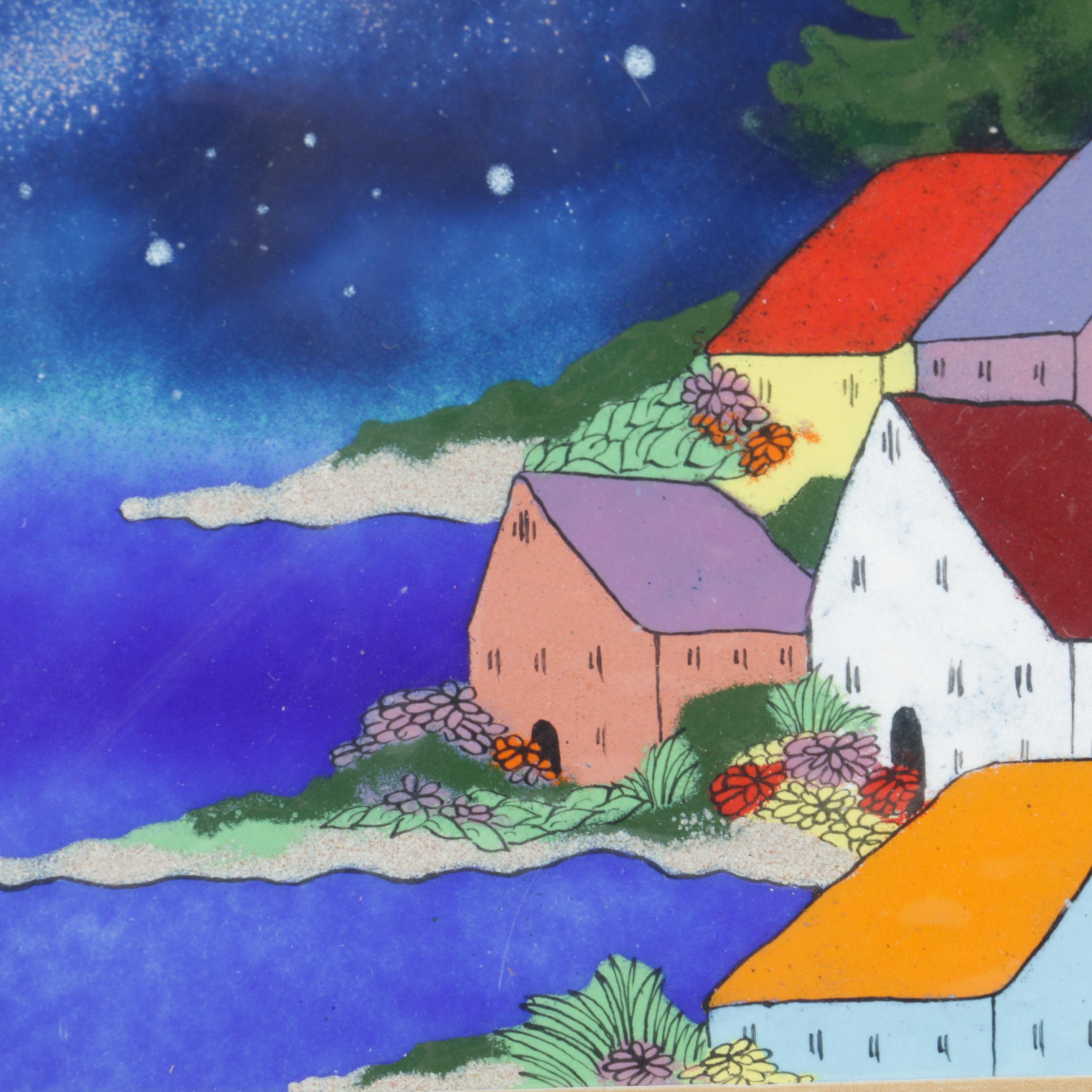 Enamel Painting on Panel of Night Town Scene